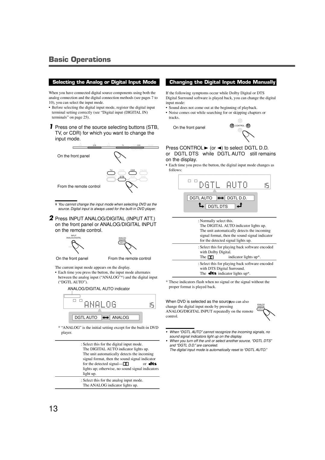 JVC RX-DV5RSL manual Basic Operations, Input mode, On the remote control, When DVD is selected as the source, you can also 