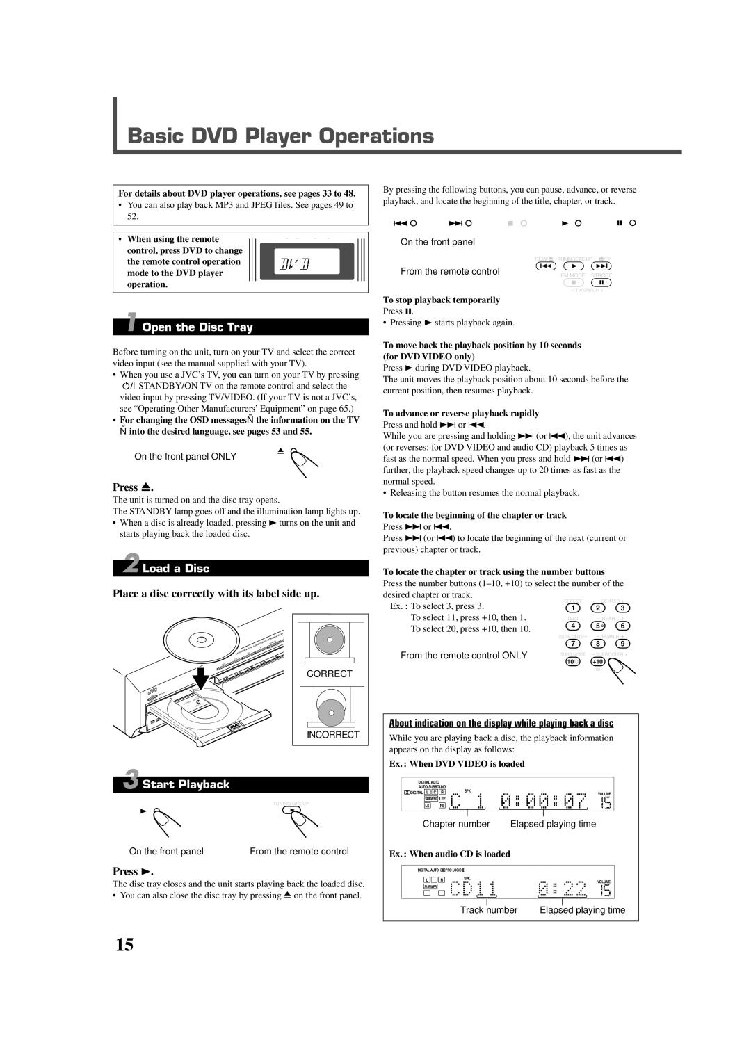 JVC RX-DV5RSL manual Basic DVD Player Operations, Open the Disc Tray, Load a Disc, Start Playback 