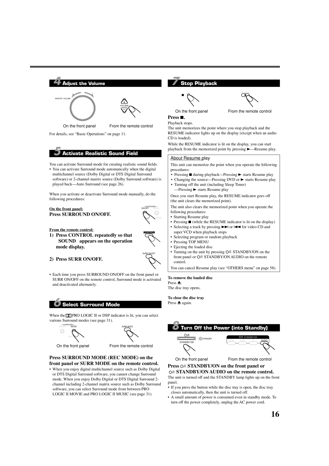 JVC RX-DV5RSL manual Activate Realistic Sound Field, Stop Playback, Select Surround Mode, Turn Off the Power into Standby 