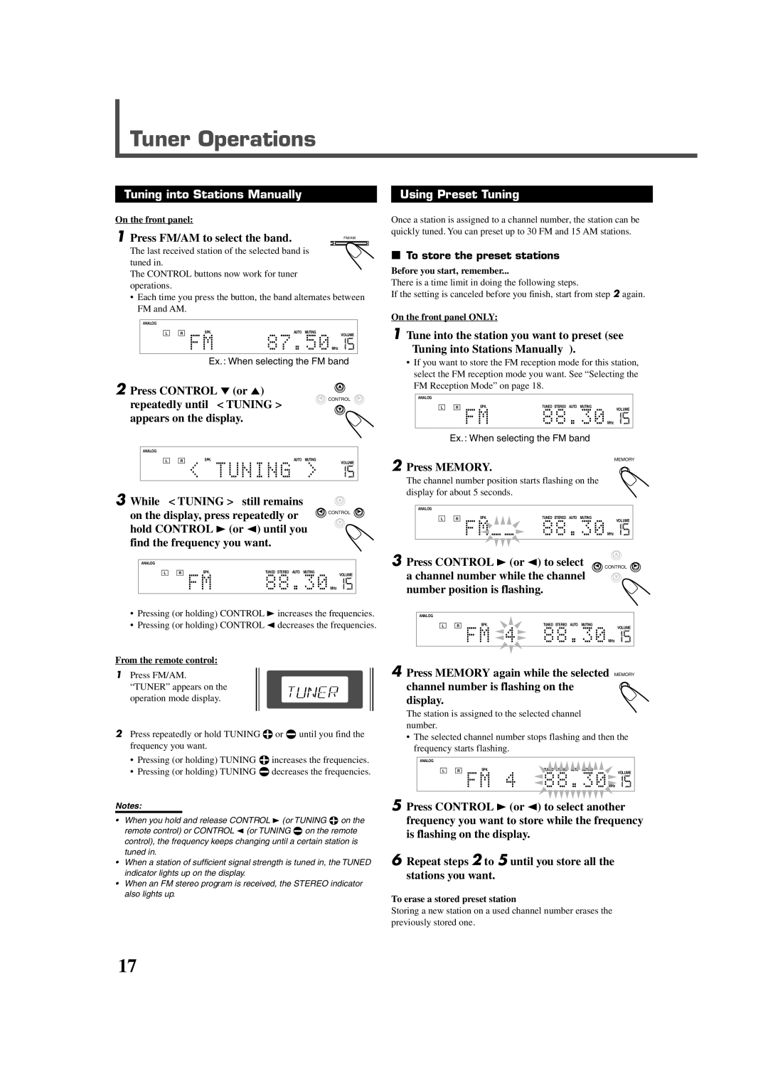 JVC RX-DV5RSL manual Tuner Operations, Tuning into Stations Manually Using Preset Tuning 