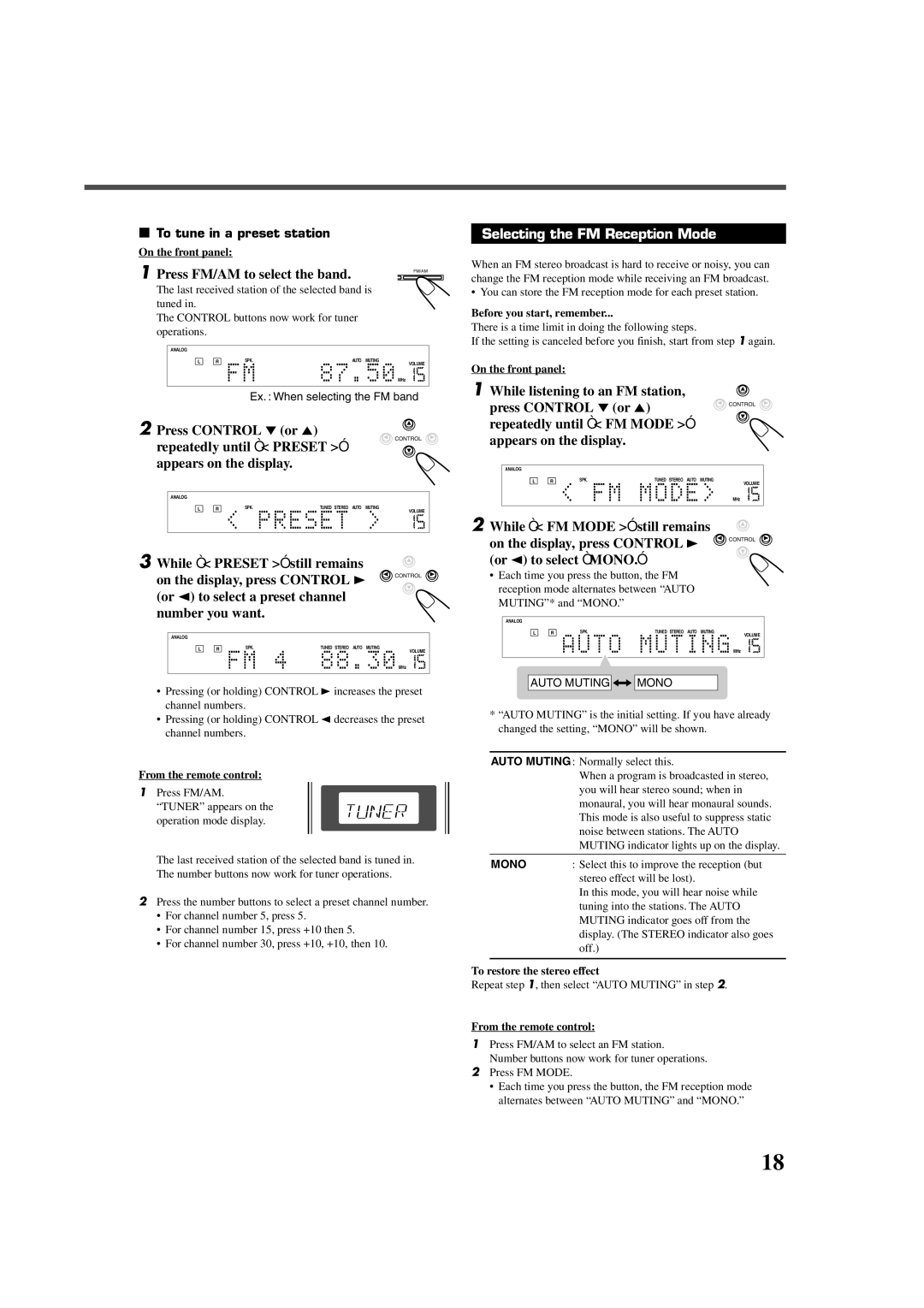 JVC RX-DV5RSL manual Selecting the FM Reception Mode 