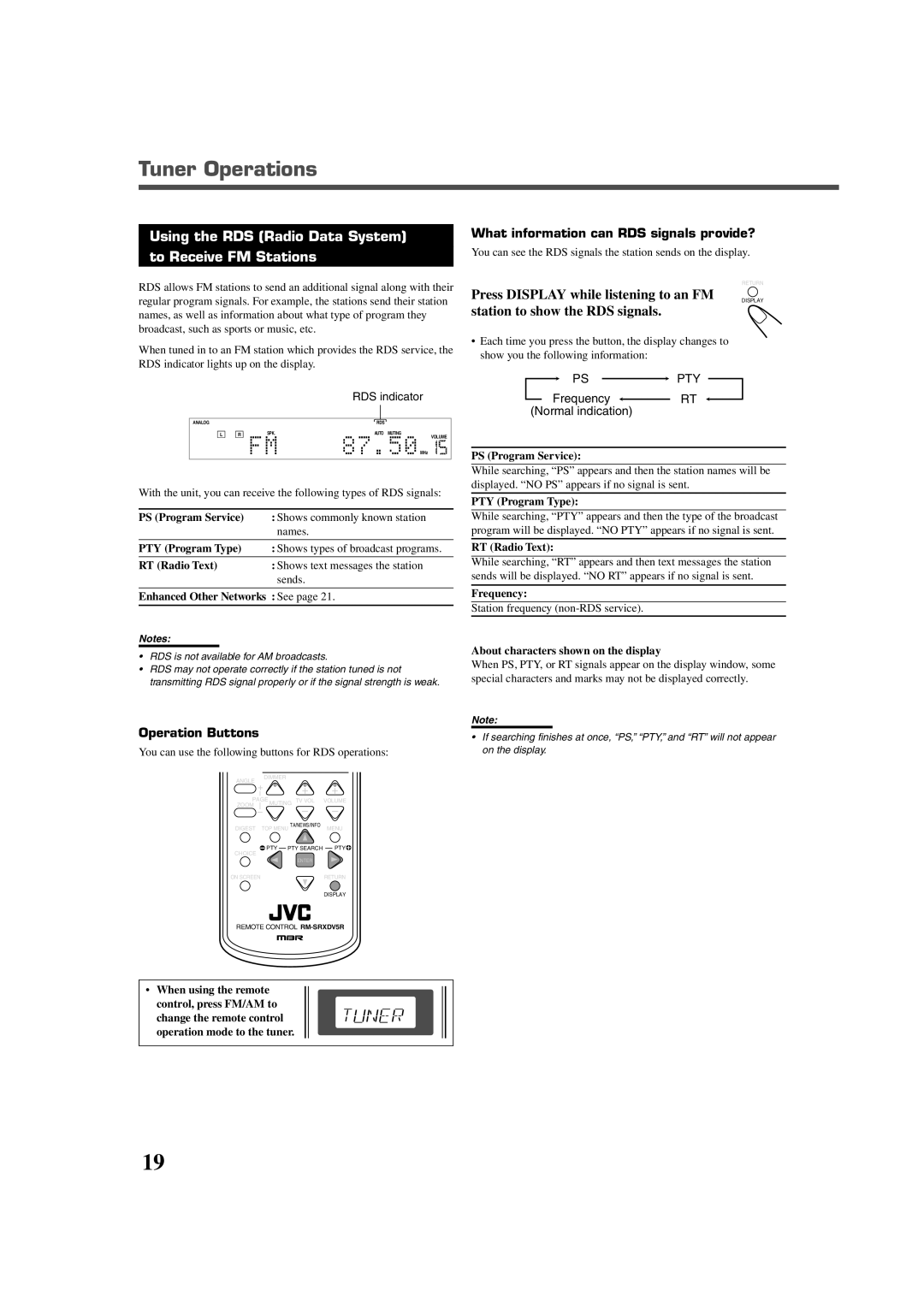 JVC RX-DV5RSL manual Tuner Operations, Using the RDS Radio Data System To Receive FM Stations, Operation Buttons 