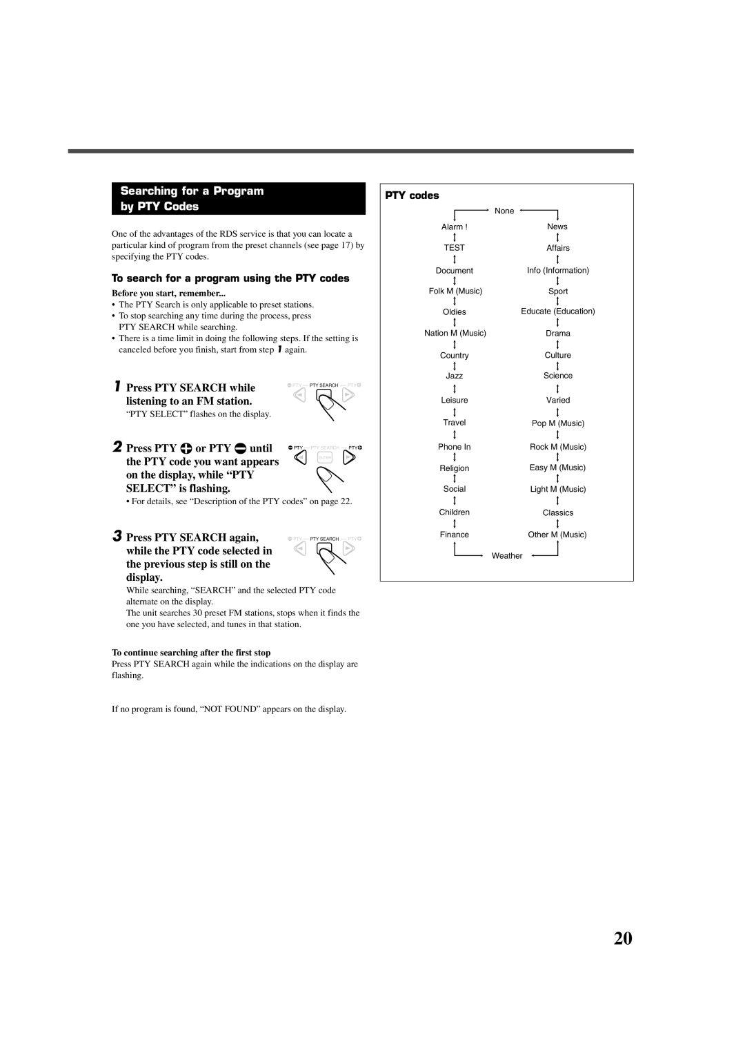 JVC RX-DV5RSL manual Searching for a Program By PTY Codes 