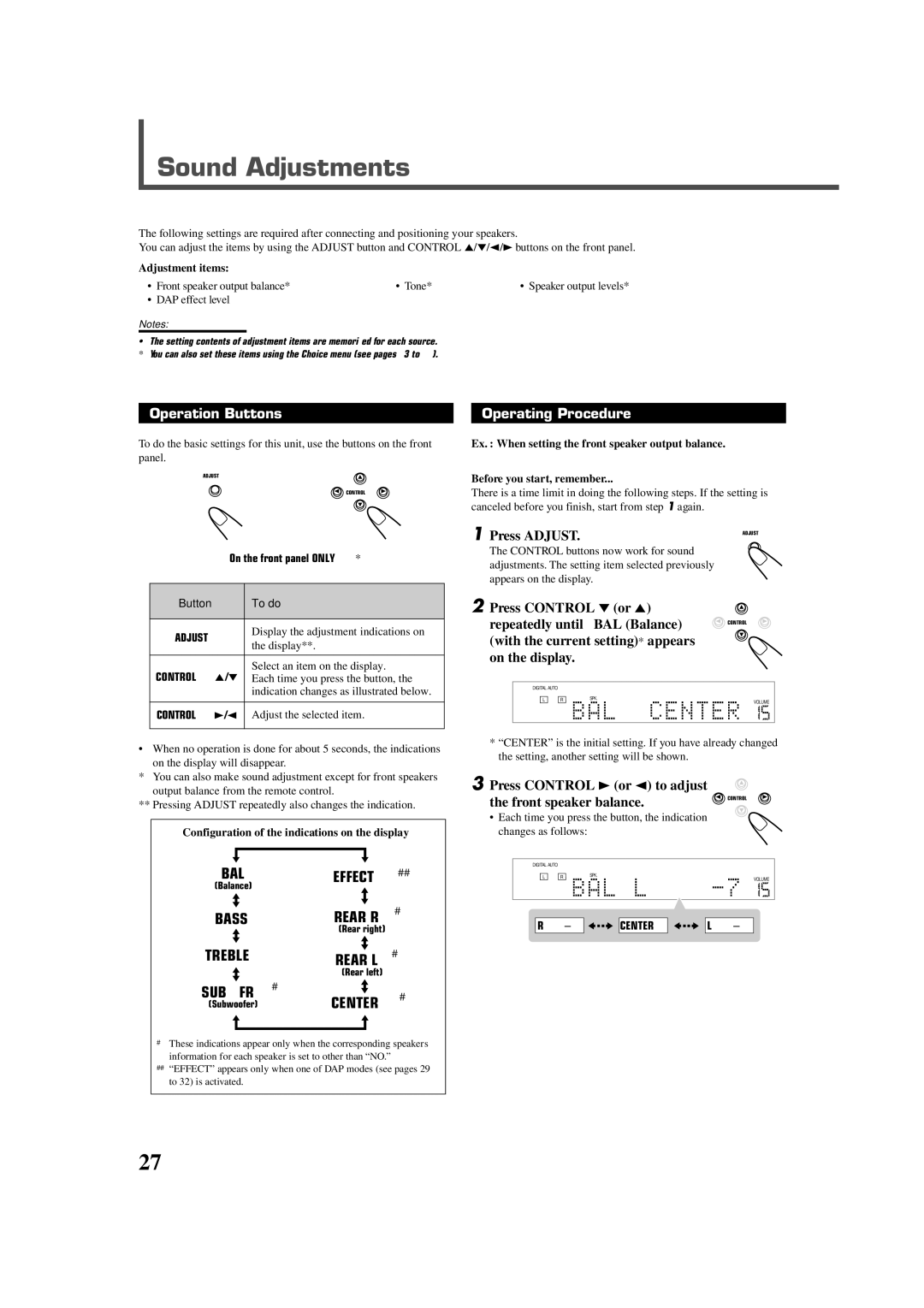 JVC RX-DV5RSL manual Sound Adjustments, Press Adjust, Press Control ∞ or Repeatedly until BAL Balance, Adjustment items 