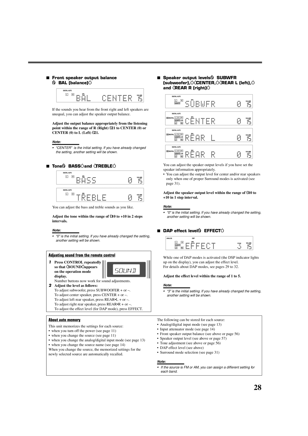JVC RX-DV5RSL Front speaker output balance -BAL balance, Tone-BASS and Treble, DAP effect level-EFFECT, About auto memory 