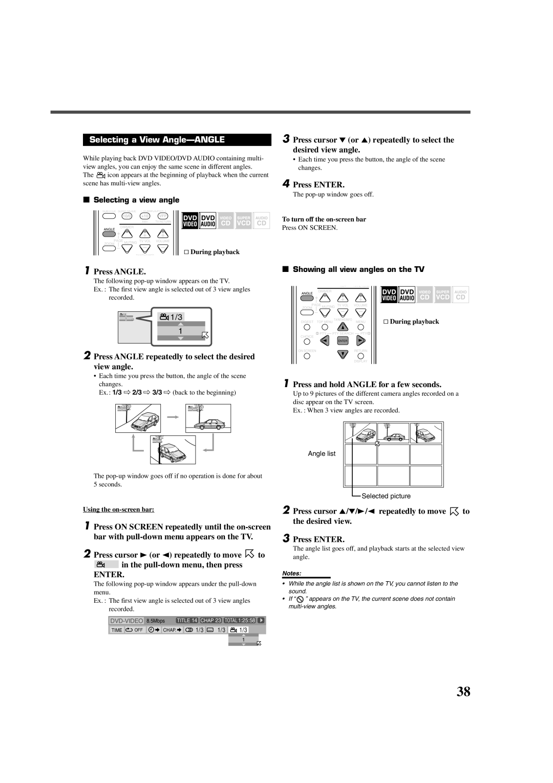 JVC RX-DV5RSL manual Selecting a View Angle-ANGLE, Press Angle repeatedly to select the desired view angle 