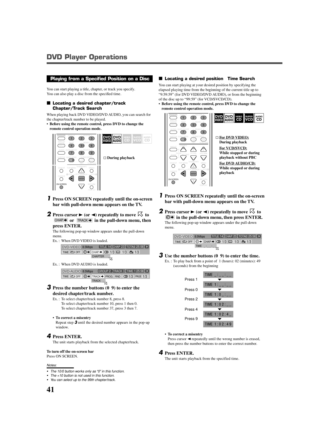 JVC RX-DV5RSL manual Playing from a Specified Position on a Disc, Use the number buttons 0-9 to enter the time 