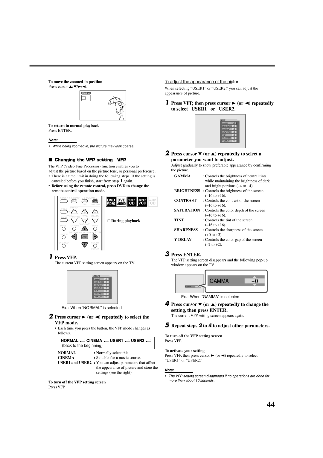 JVC RX-DV5RSL Press VFP, Press cursor 3 or 2 repeatedly to select VFP mode, Repeat steps 2 to 4 to adjust other parameters 