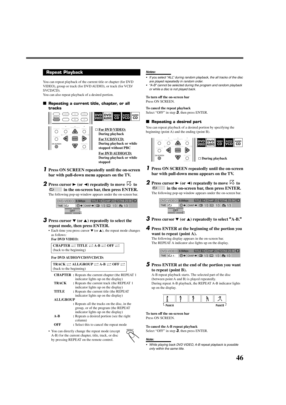 JVC RX-DV5RSL manual Repeat Playback, Repeating a current title, chapter, or all Tracks, Repeating a desired part 