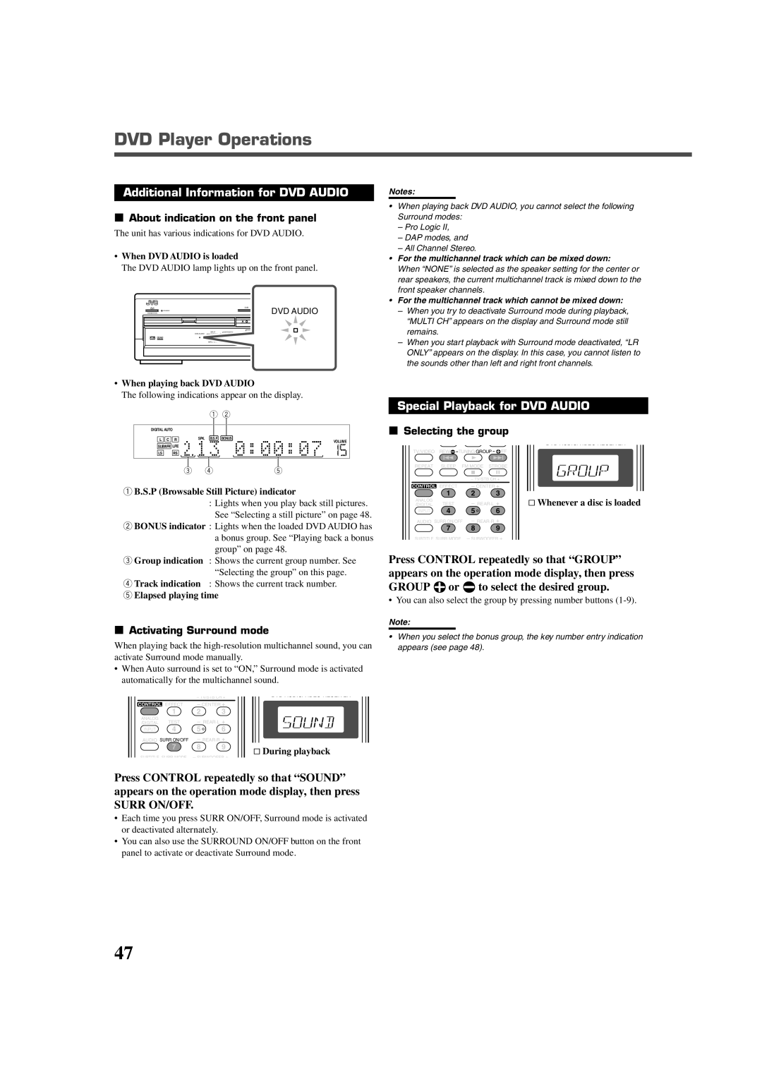 JVC RX-DV5RSL Additional Information for DVD Audio, Special Playback for DVD Audio, About indication on the front panel 