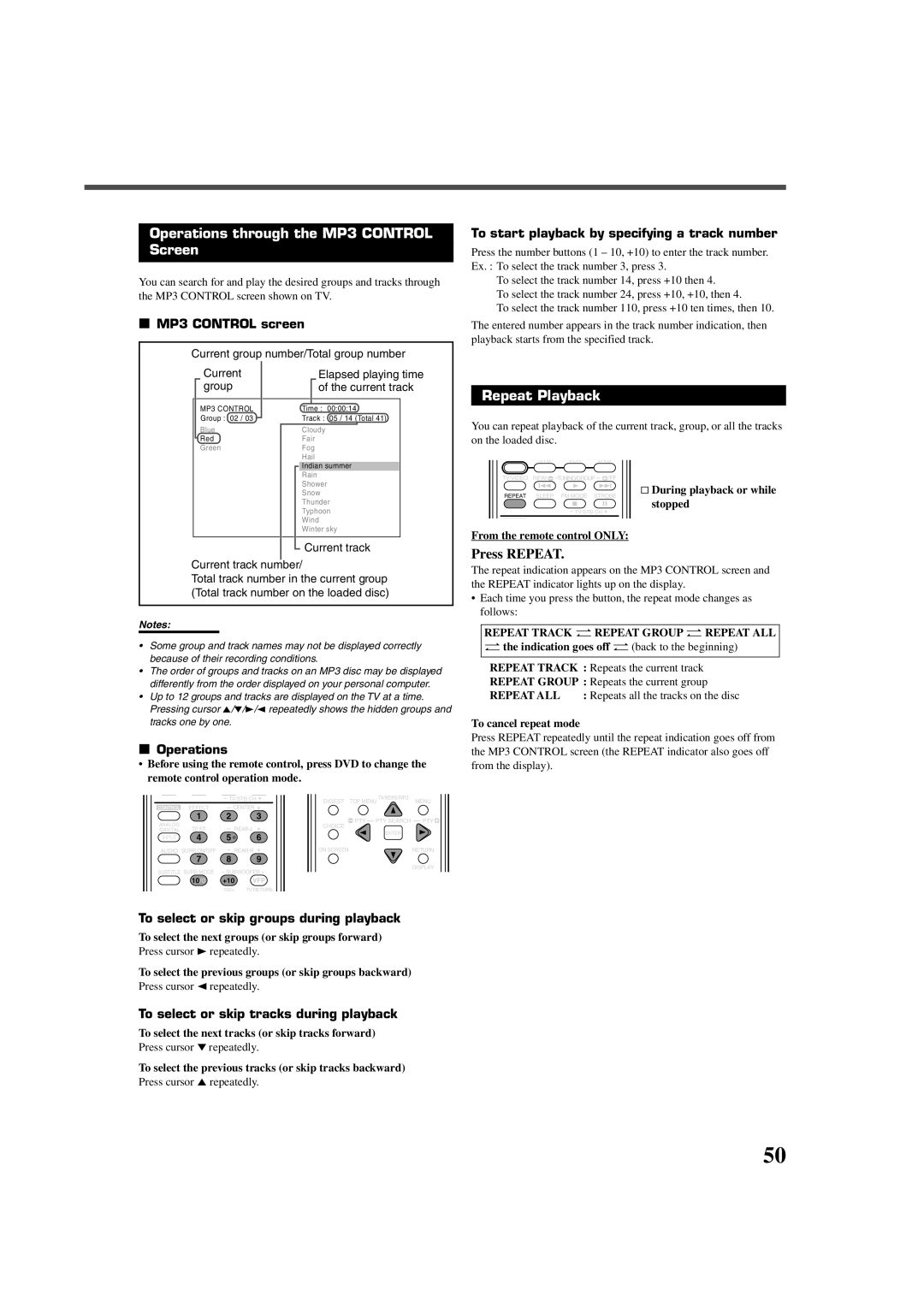 JVC RX-DV5RSL manual Operations through the MP3 Control Screen, Press Repeat 