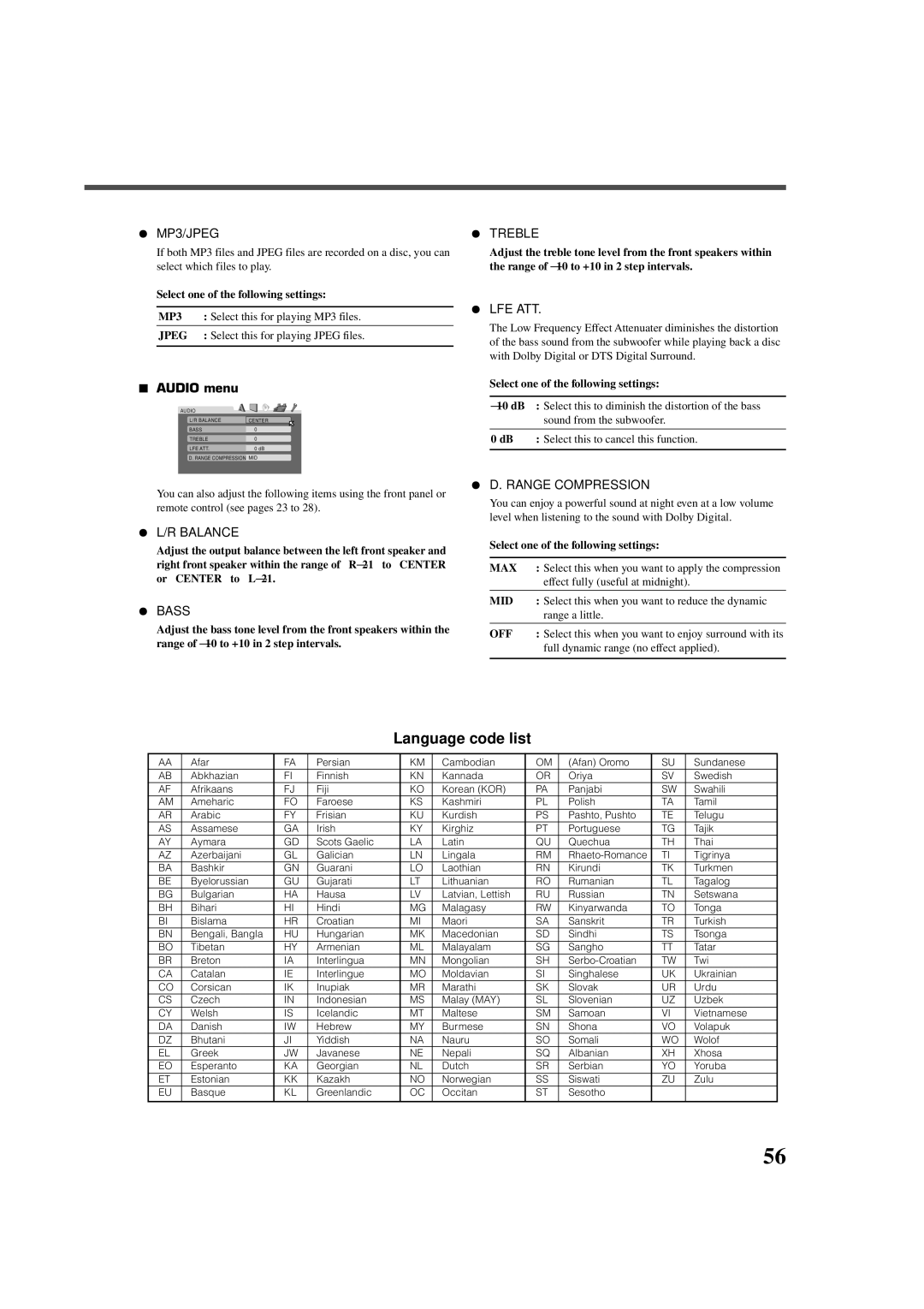 JVC RX-DV5RSL manual Audio menu, MP3, Jpeg, Max, Mid 