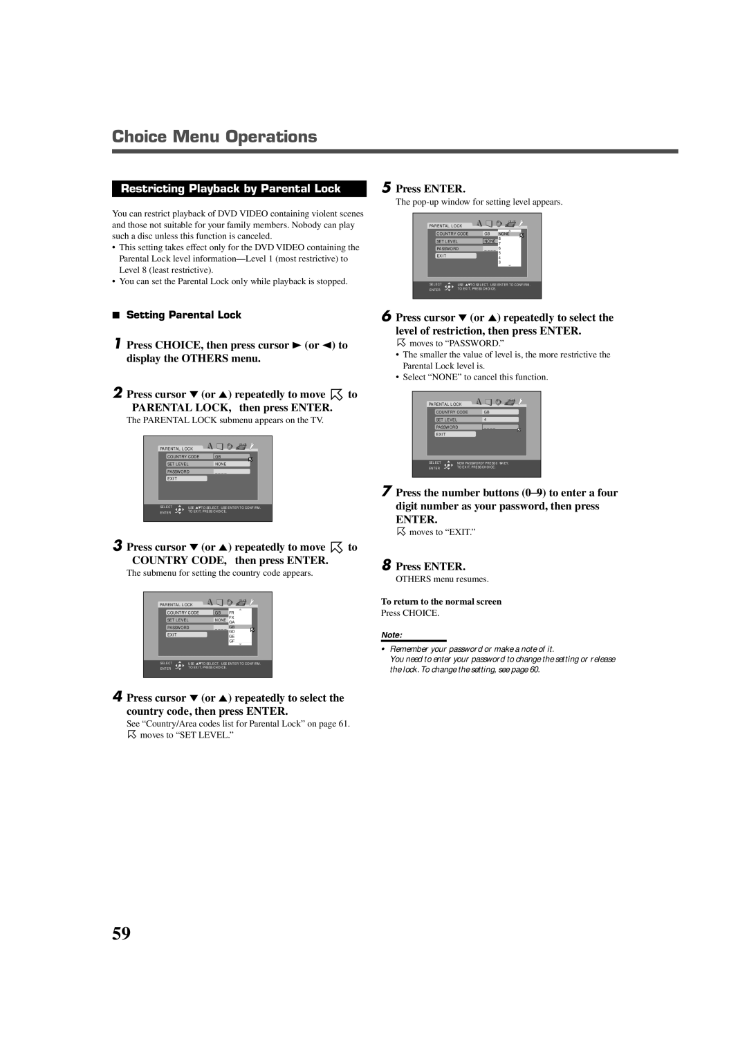 JVC RX-DV5RSL manual Restricting Playback by Parental Lock, Setting Parental Lock 