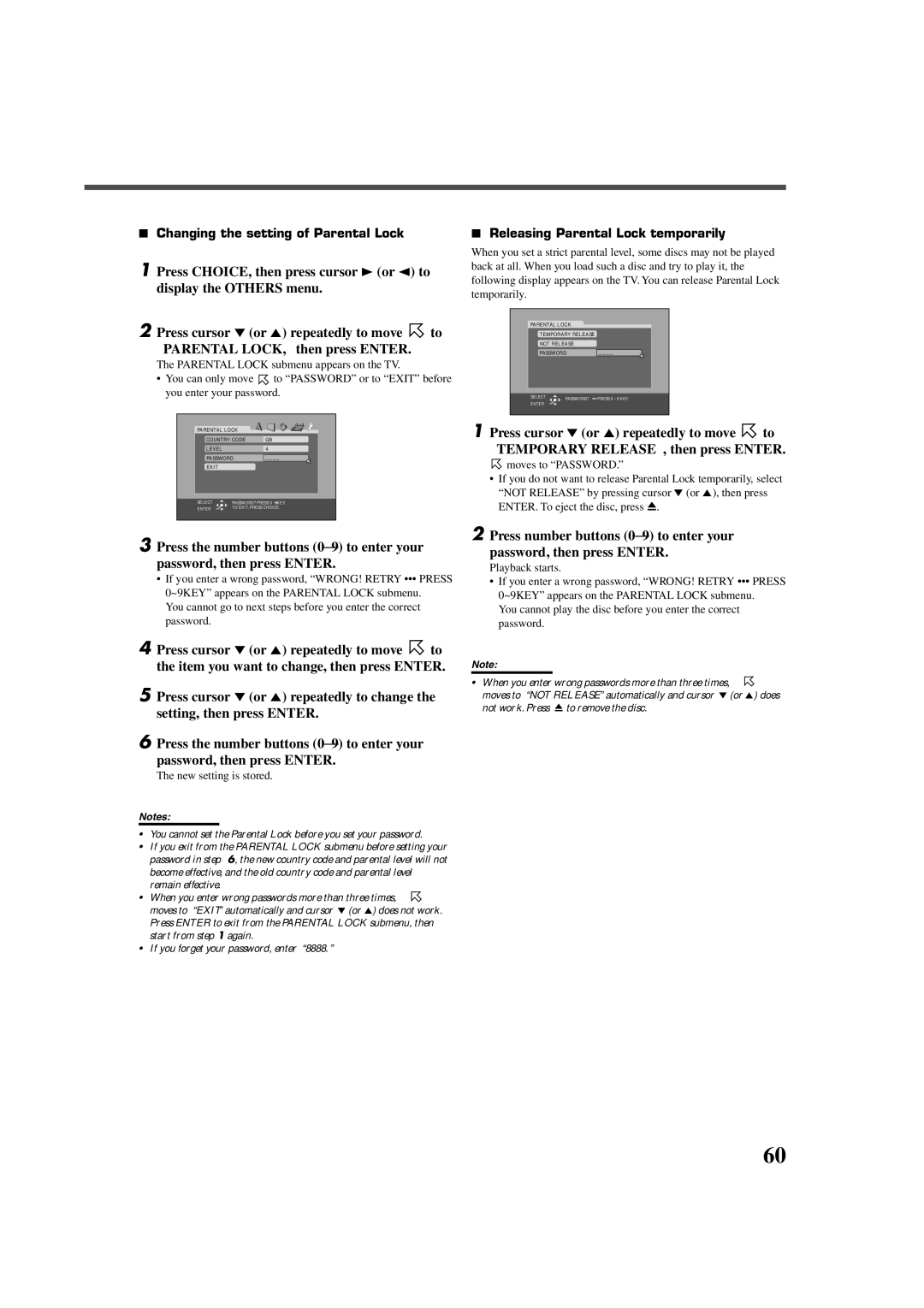 JVC RX-DV5RSL manual Changing the setting of Parental Lock, Releasing Parental Lock temporarily, New setting is stored 