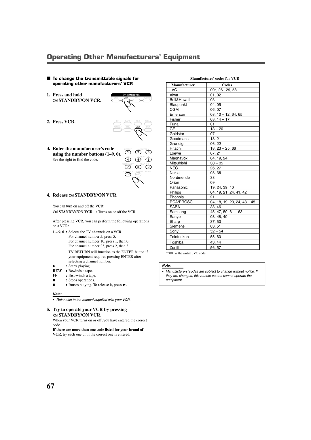 JVC RX-DV5RSL manual Operating Other Manufacturers’ Equipment, Release STANDBY/ON VCR, Try to operate your VCR by pressing 