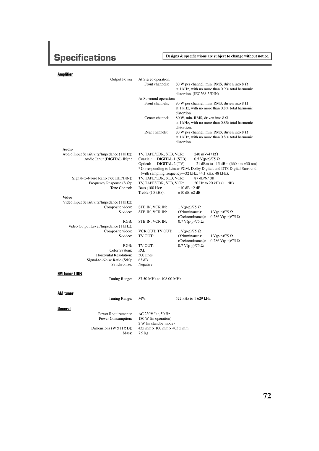 JVC RX-DV5RSL manual Specifications, Amplifier, FM tuner IHF, AM tuner, General 