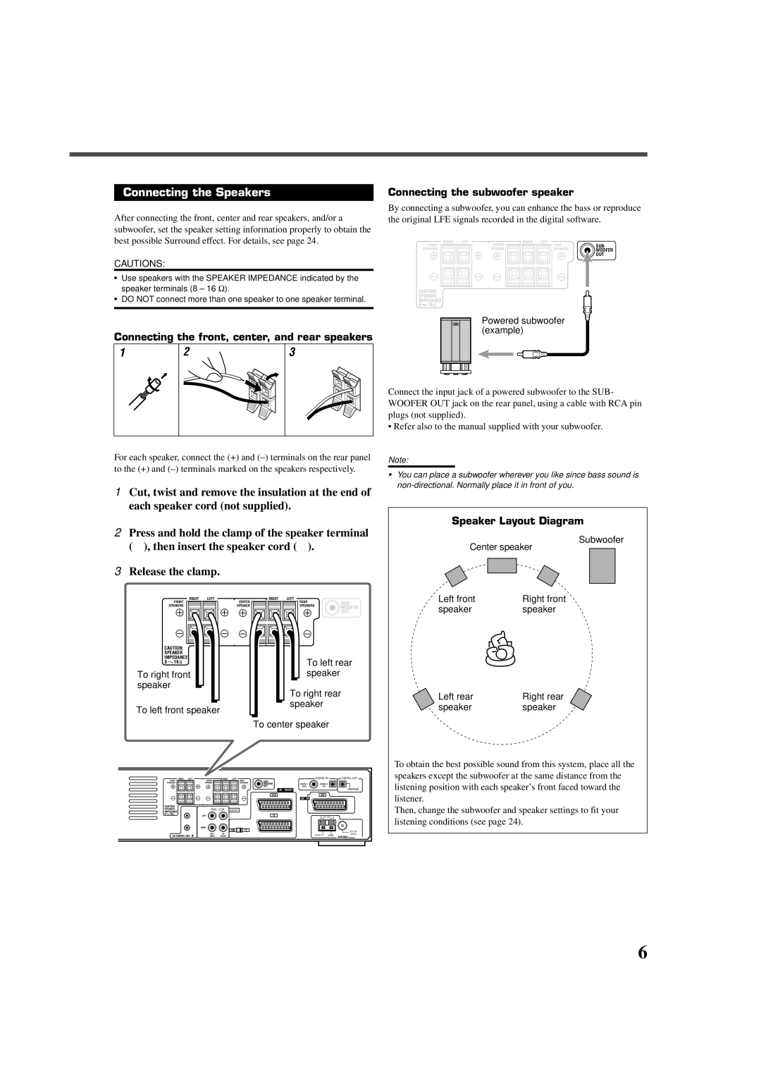 JVC RX-DV5RSL Connecting the Speakers, Connecting the subwoofer speaker, Connecting the front, center, and rear speakers 
