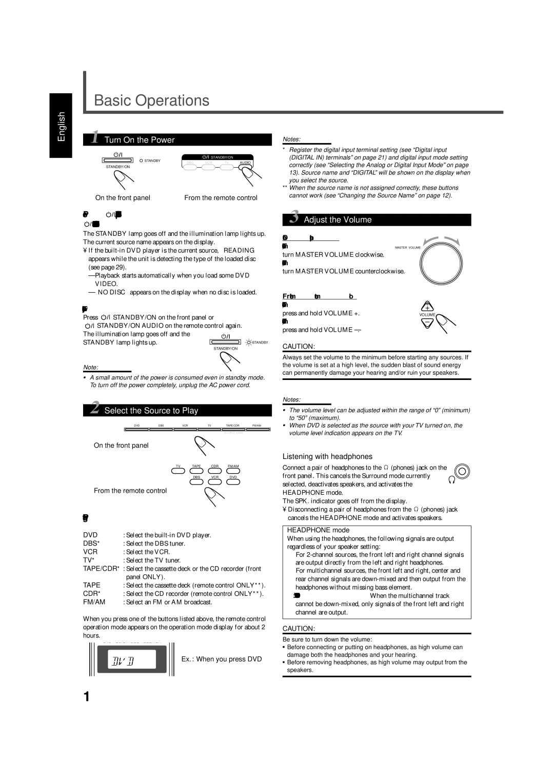 JVC RX-DV5SL manual Basic Operations, Turn On the Power, Select the Source to Play, Adjust the Volume 