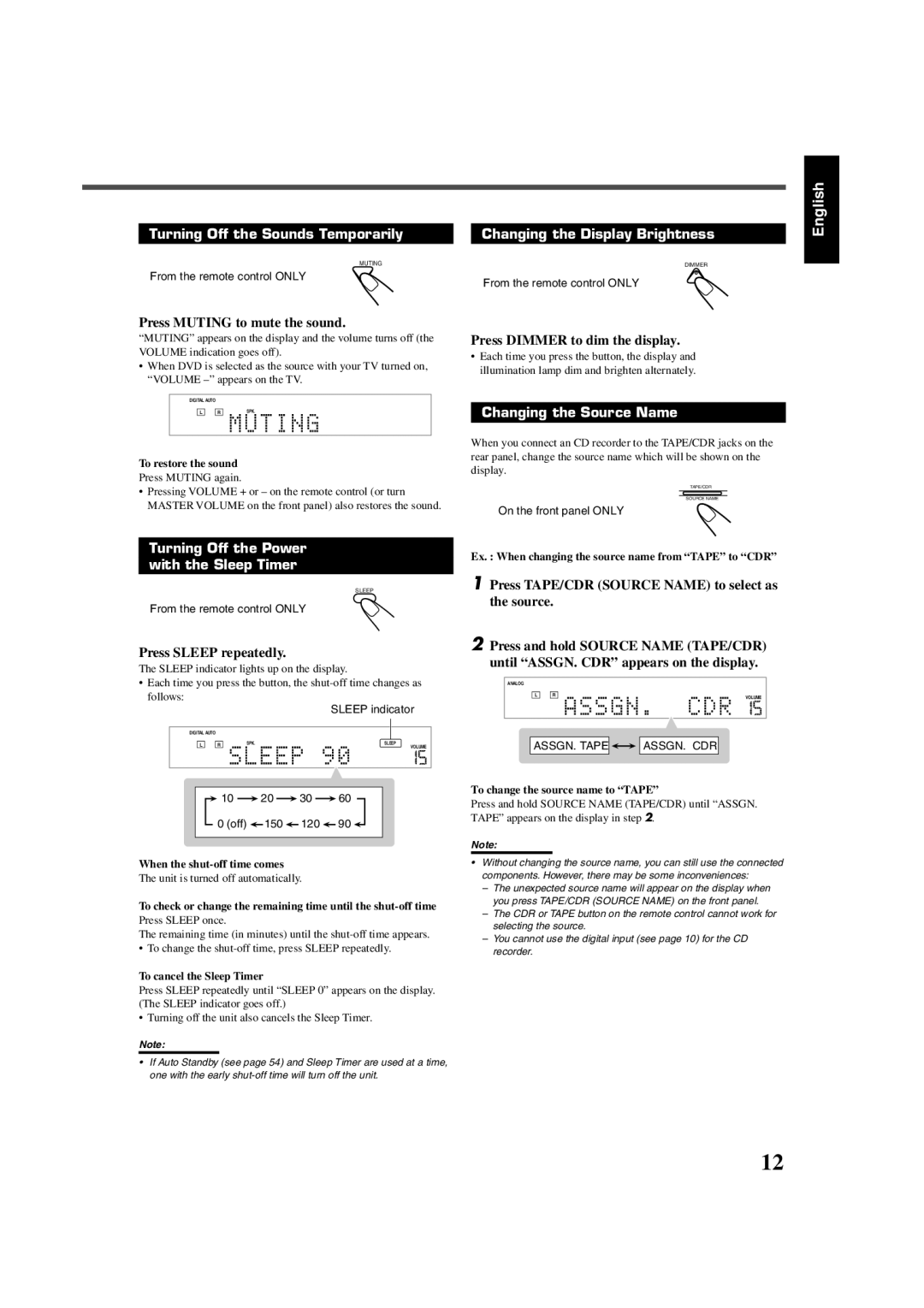 JVC RX-DV5SL manual Turning Off the Power With the Sleep Timer, Changing the Source Name 