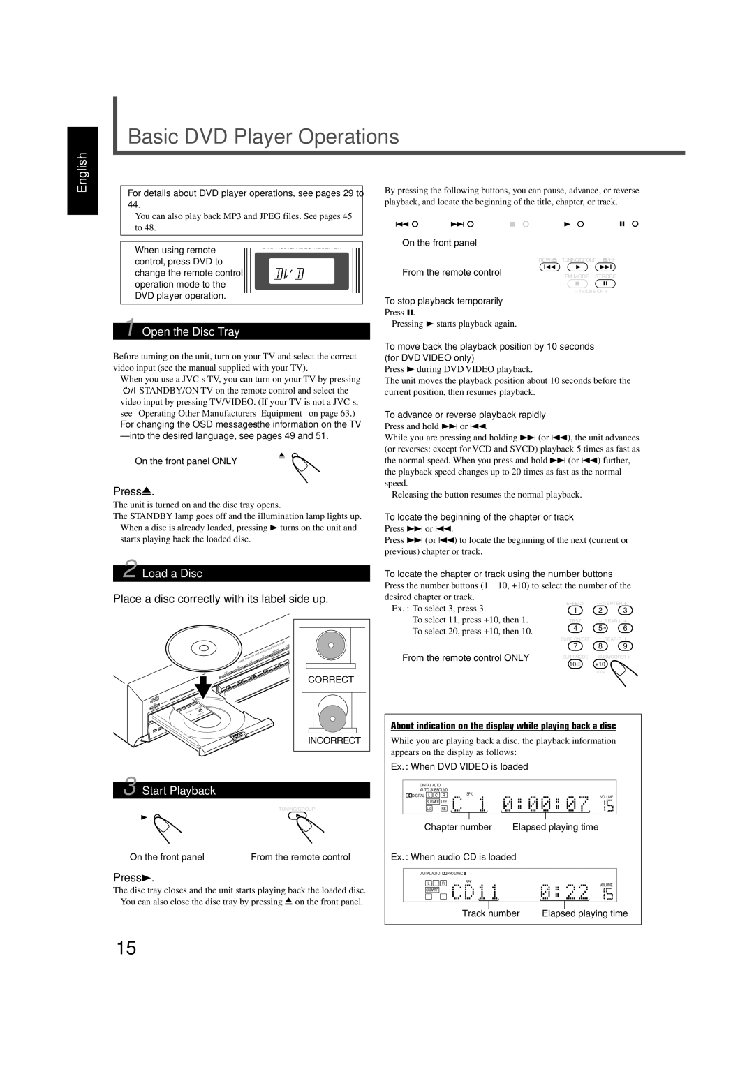 JVC RX-DV5SL manual Basic DVD Player Operations, Open the Disc Tray, Load a Disc, Start Playback 