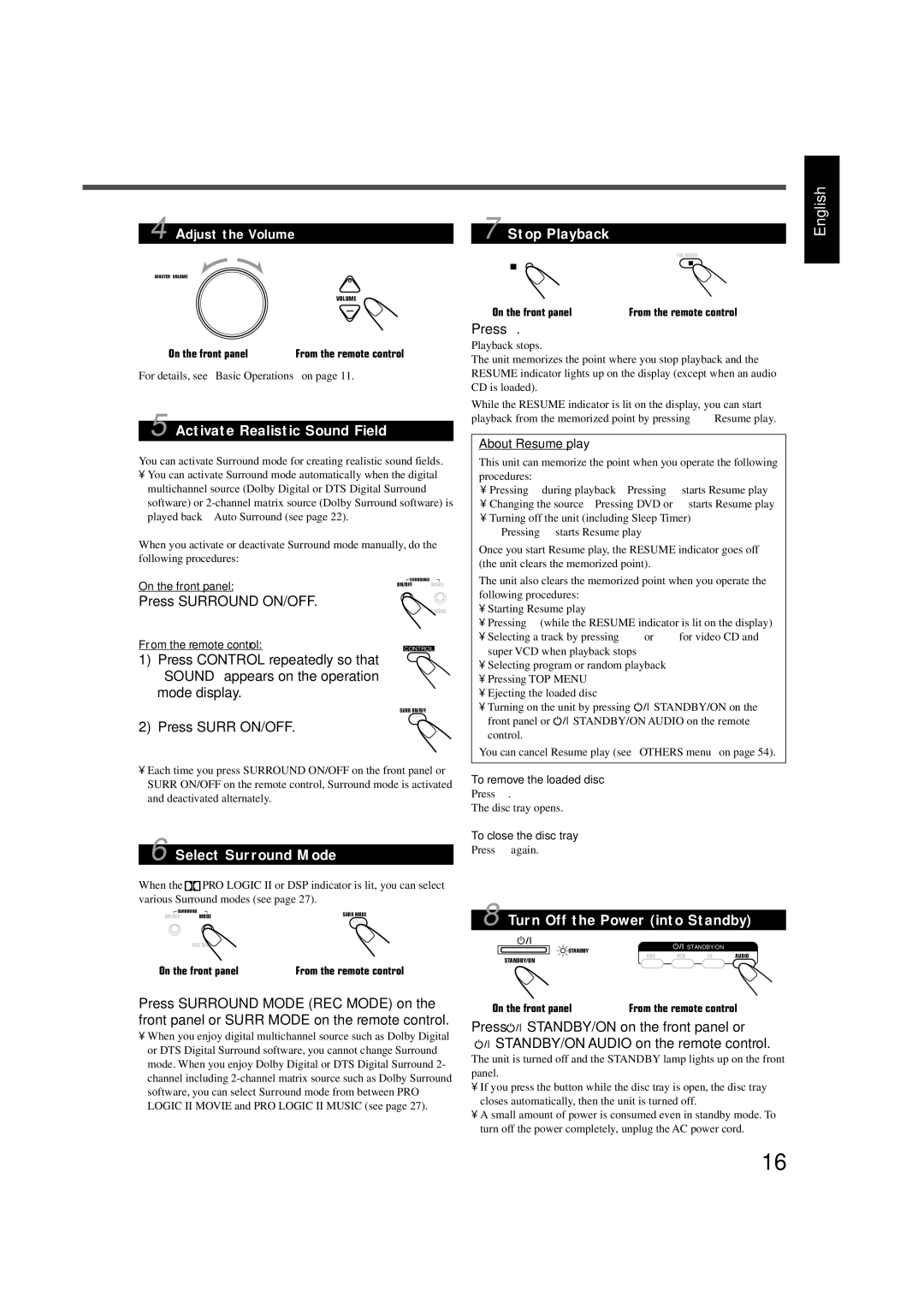 JVC RX-DV5SL manual Activate Realistic Sound Field, Stop Playback, Select Surround Mode, Turn Off the Power into Standby 