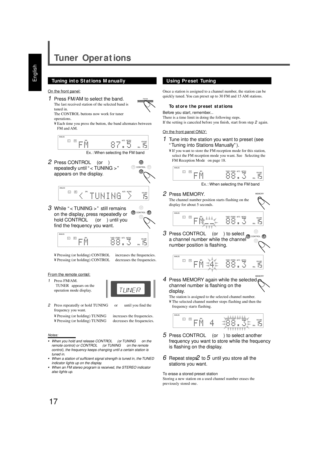 JVC RX-DV5SL manual Tuner Operations, Tuning into Stations Manually Using Preset Tuning 