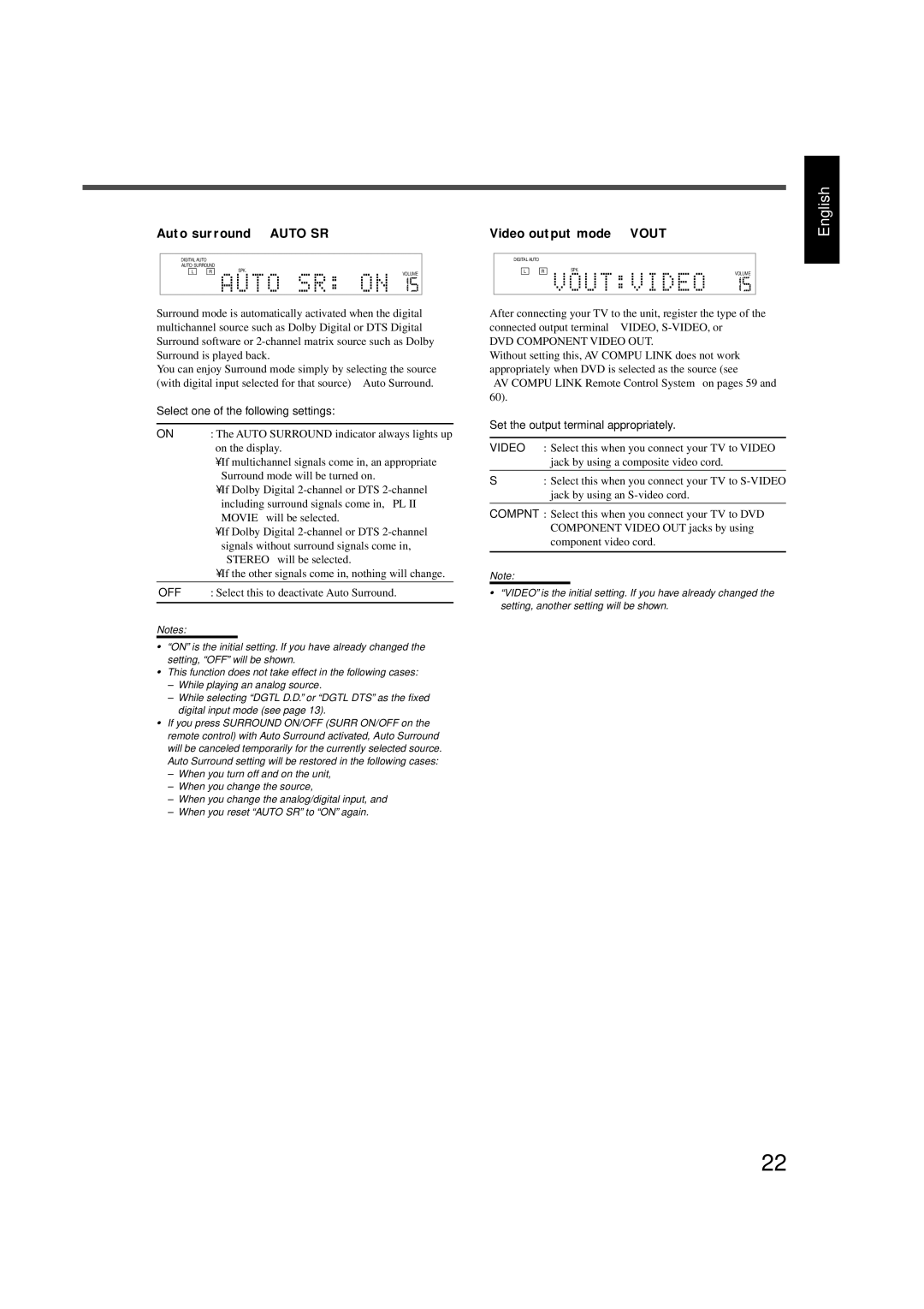 JVC RX-DV5SL Auto surround-AUTO SR Video output mode-VOUT, On the display, AV Compu Link Remote Control System on pages 59 