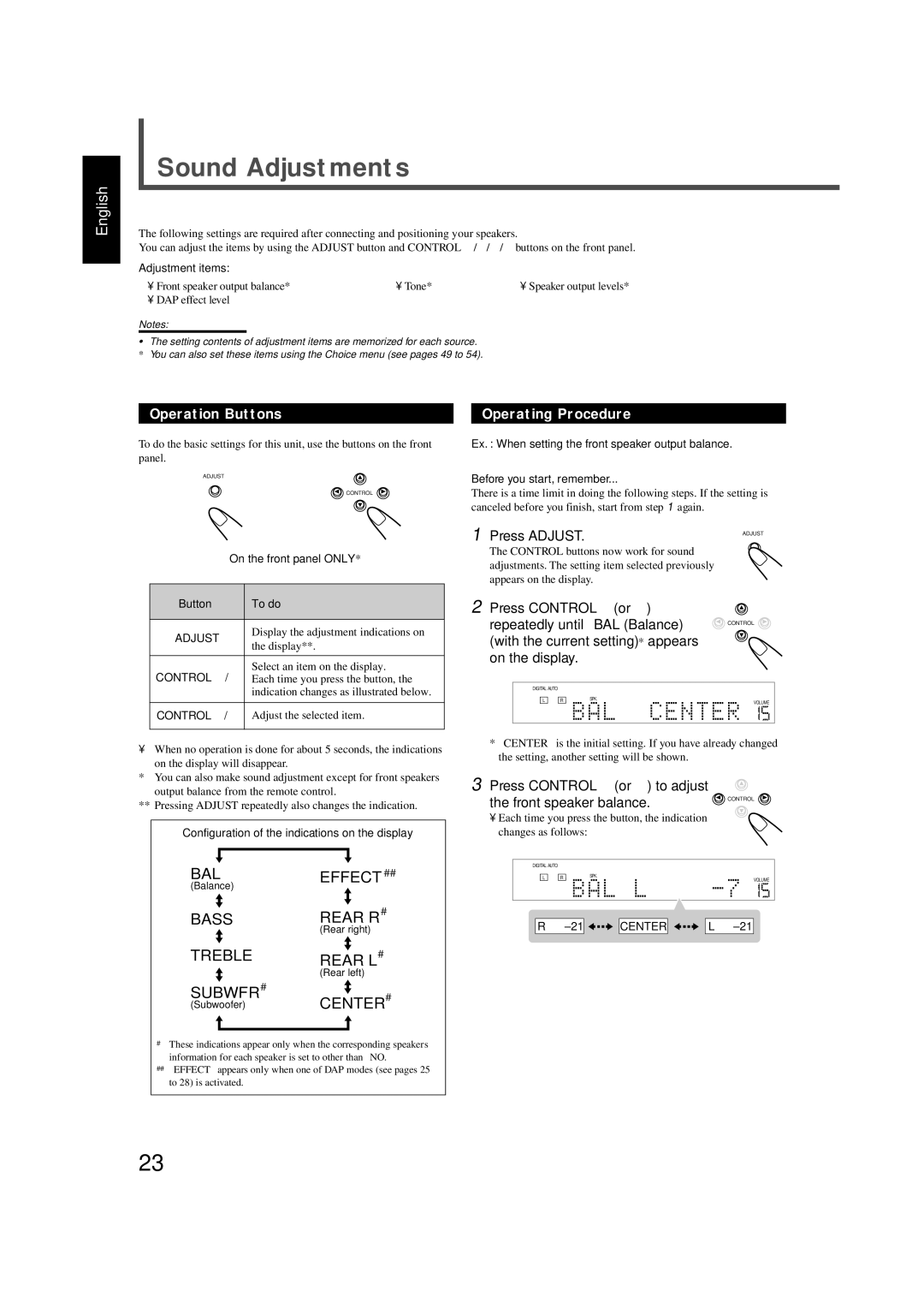 JVC RX-DV5SL manual Sound Adjustments, Press Adjust, Press Control ∞ or Repeatedly until BAL Balance, Adjustment items 