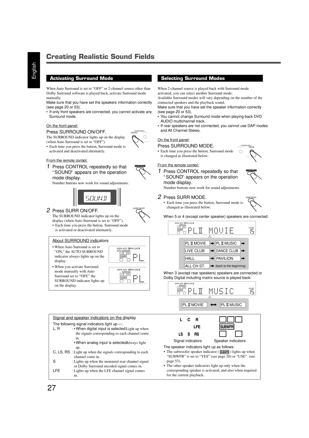 JVC RX-DV5SL manual Creating Realistic Sound Fields, Activating Surround Mode, Selecting Surround Modes 