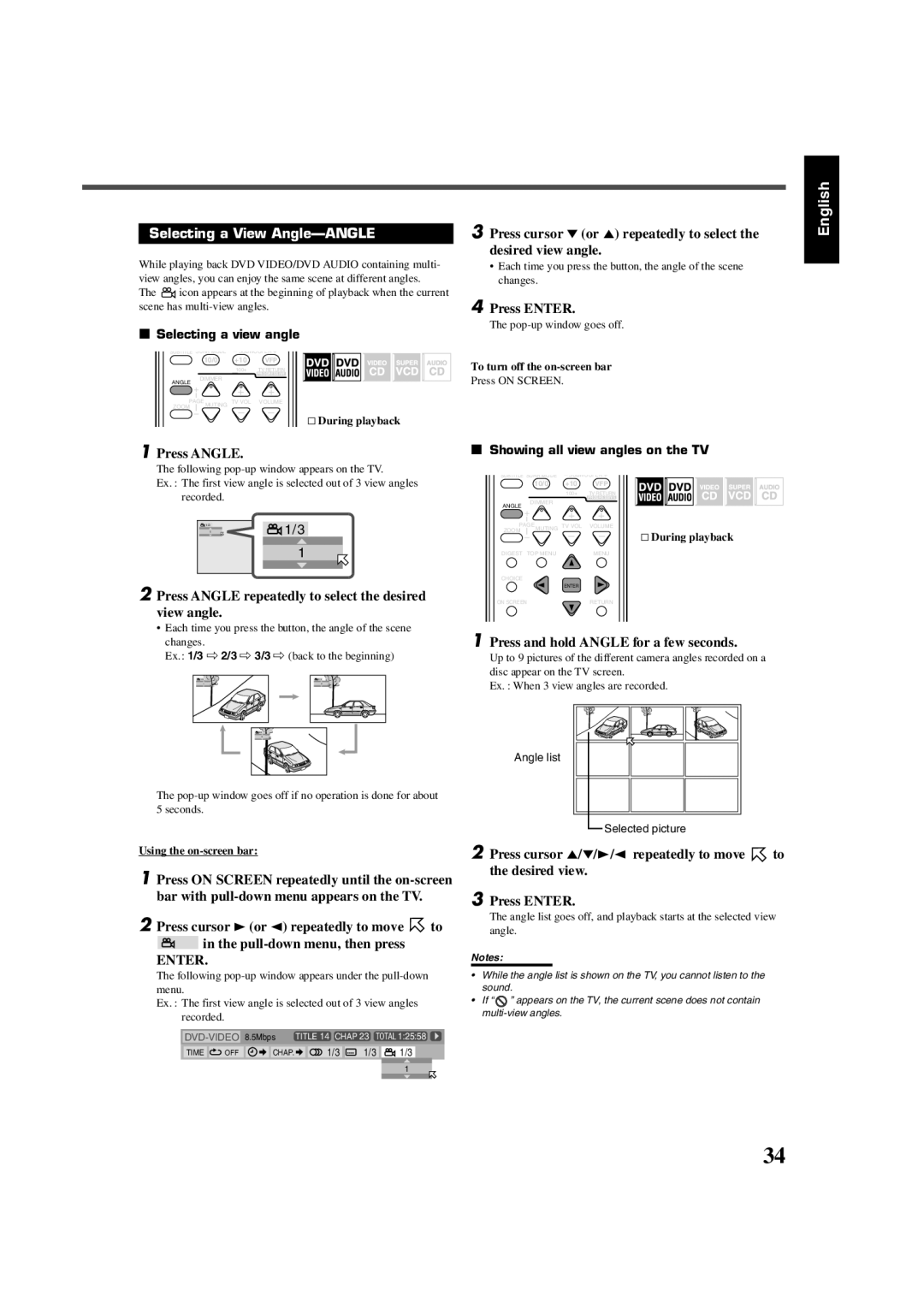 JVC RX-DV5SL manual Selecting a View Angle-ANGLE, Press Angle repeatedly to select the desired view angle 