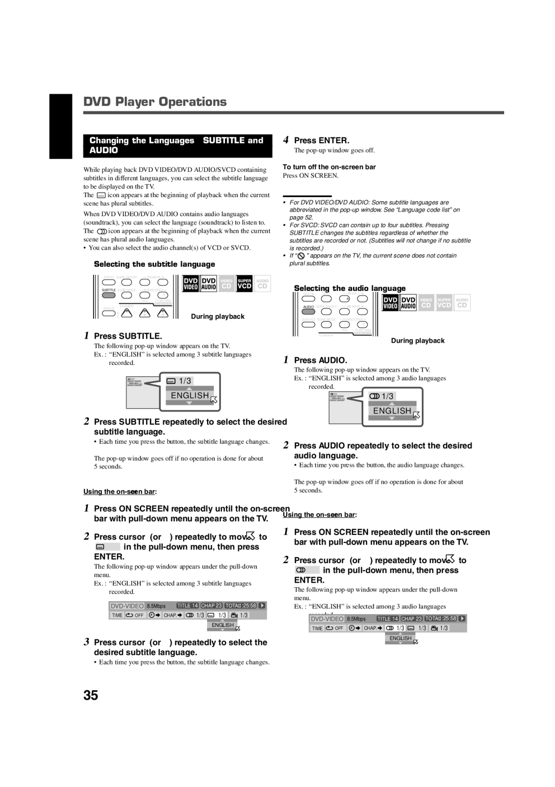 JVC RX-DV5SL manual Changing the Languages-SUBTITLE, Press Subtitle, Press Audio 