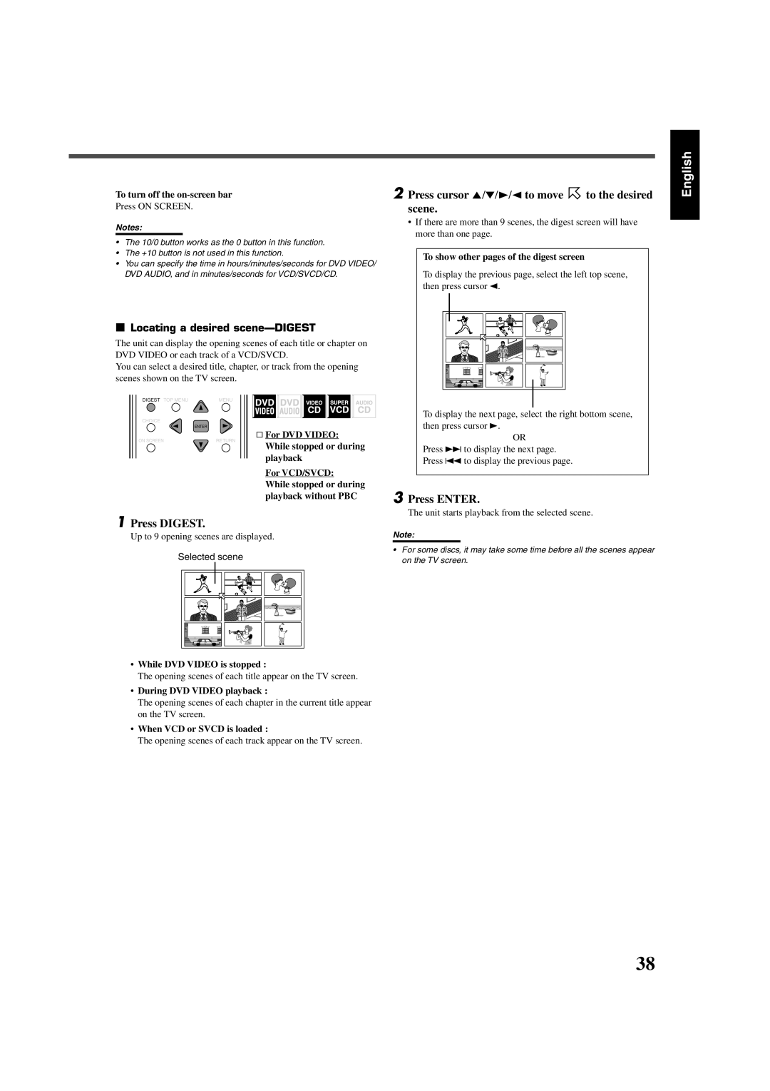 JVC RX-DV5SL manual Press Digest, Press cursor 5/∞/3/2 to move to the desired scene, Locating a desired scene-DIGEST 