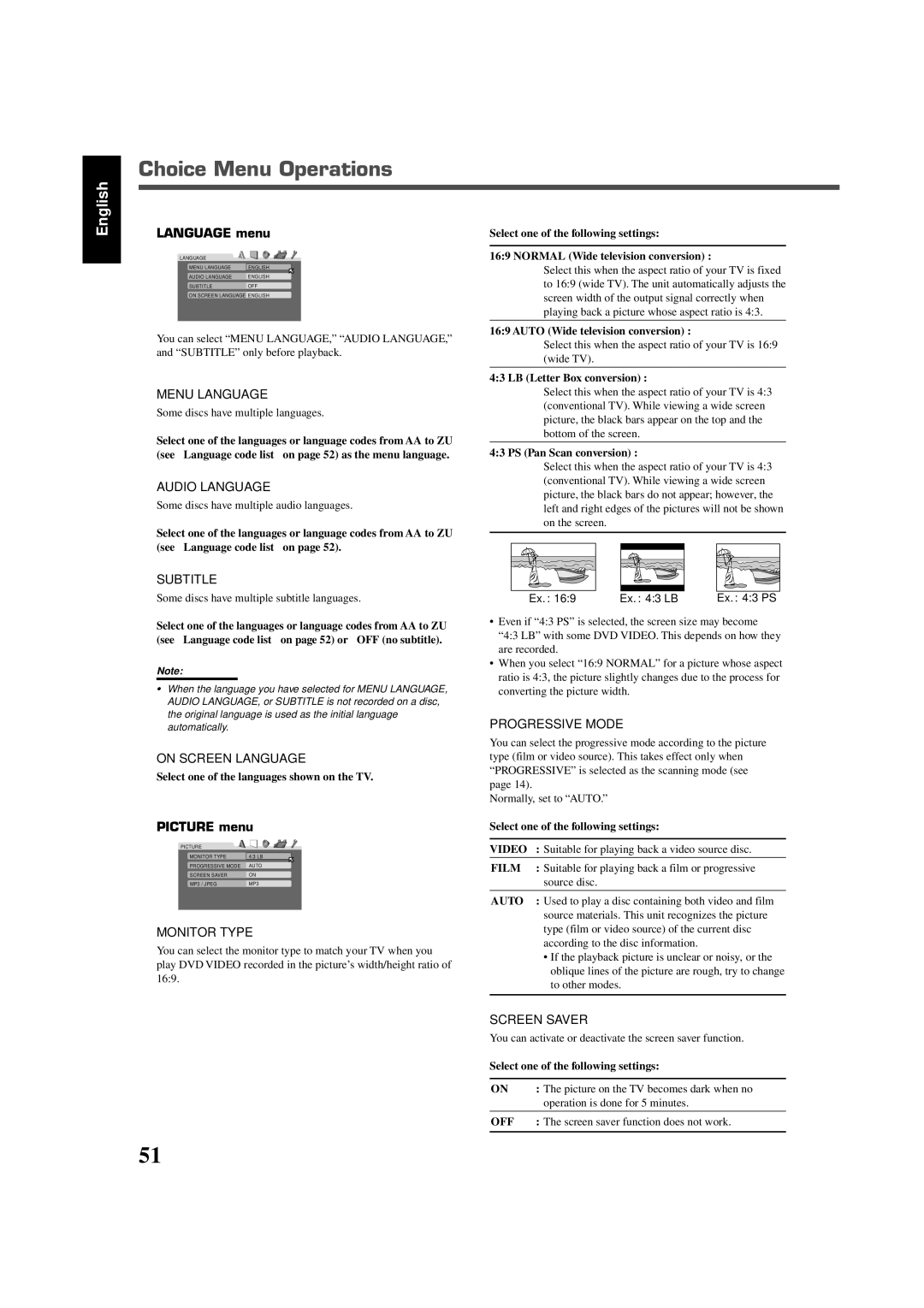 JVC RX-DV5SL manual Choice Menu Operations, Language menu, Picture menu 