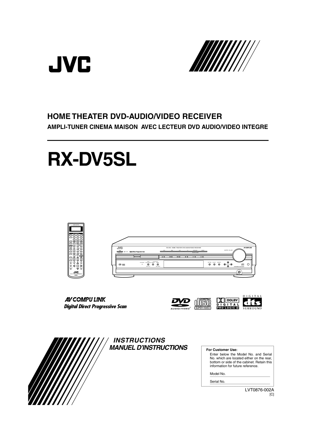 JVC RX-DV5SL manual Home Theater Dvd-Audio/Videoreceiver, Instructions Manuel D’Instructions, LVT0876-002A, Standby/On 