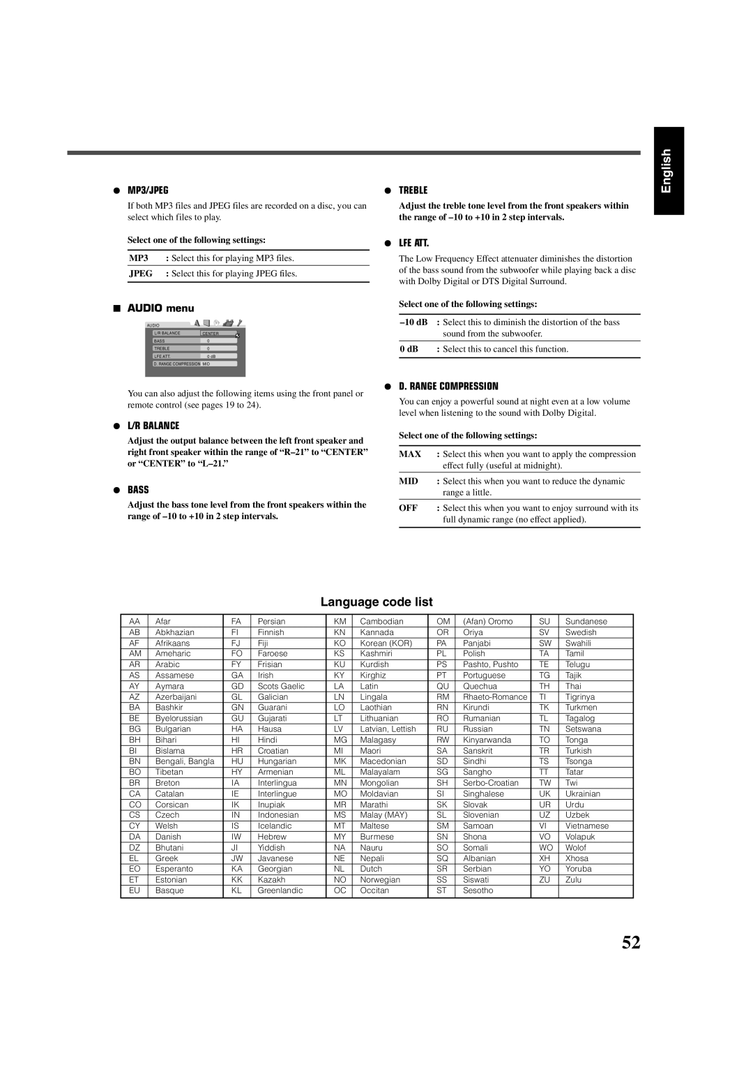 JVC RX-DV5SL Language code list, English, ¶MP3/JPEG, 7AUDIO menu, ¶L/R Balance, ¶Bass, ¶Treble, ¶Lfe Att, Jpeg, 10dB, 0 dB 