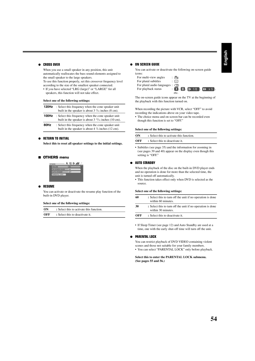 JVC RX-DV5SL manual English, ¶Cross Over, ¶Return To Initial, 7OTHERS menu, ¶Resume, ¶On Screen Guide, ¶Auto Standby 