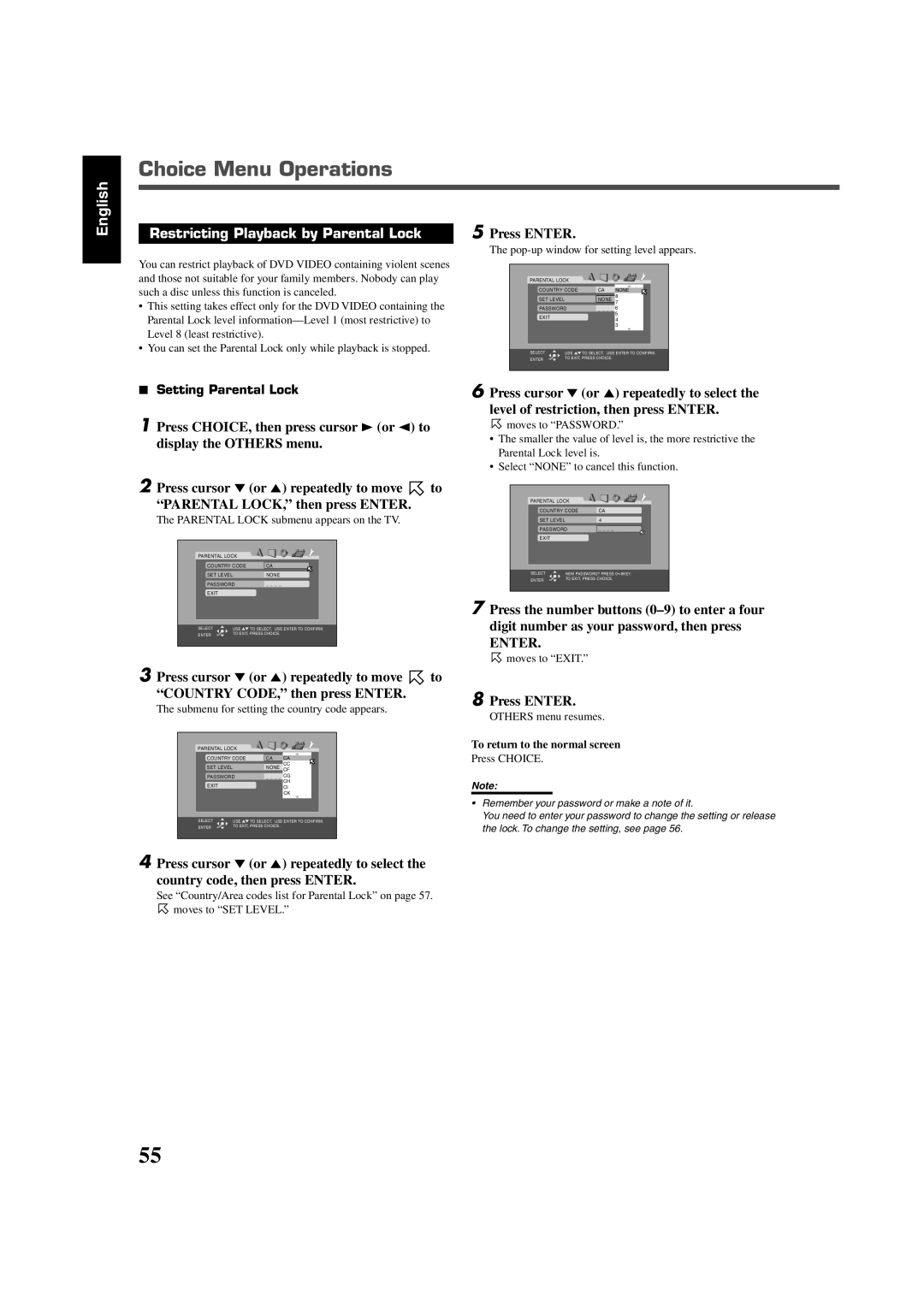 JVC RX-DV5SL manual Restricting Playback by Parental Lock, Press ENTER, 2Press cursor ∞ or 5 repeatedly to move to, Enter 