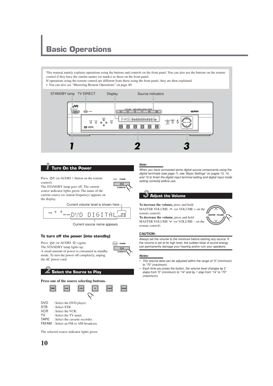 JVC RX-E100RSL manual Basic Operations, Turn On the Power, To turn off the power into standby, TV Direct 