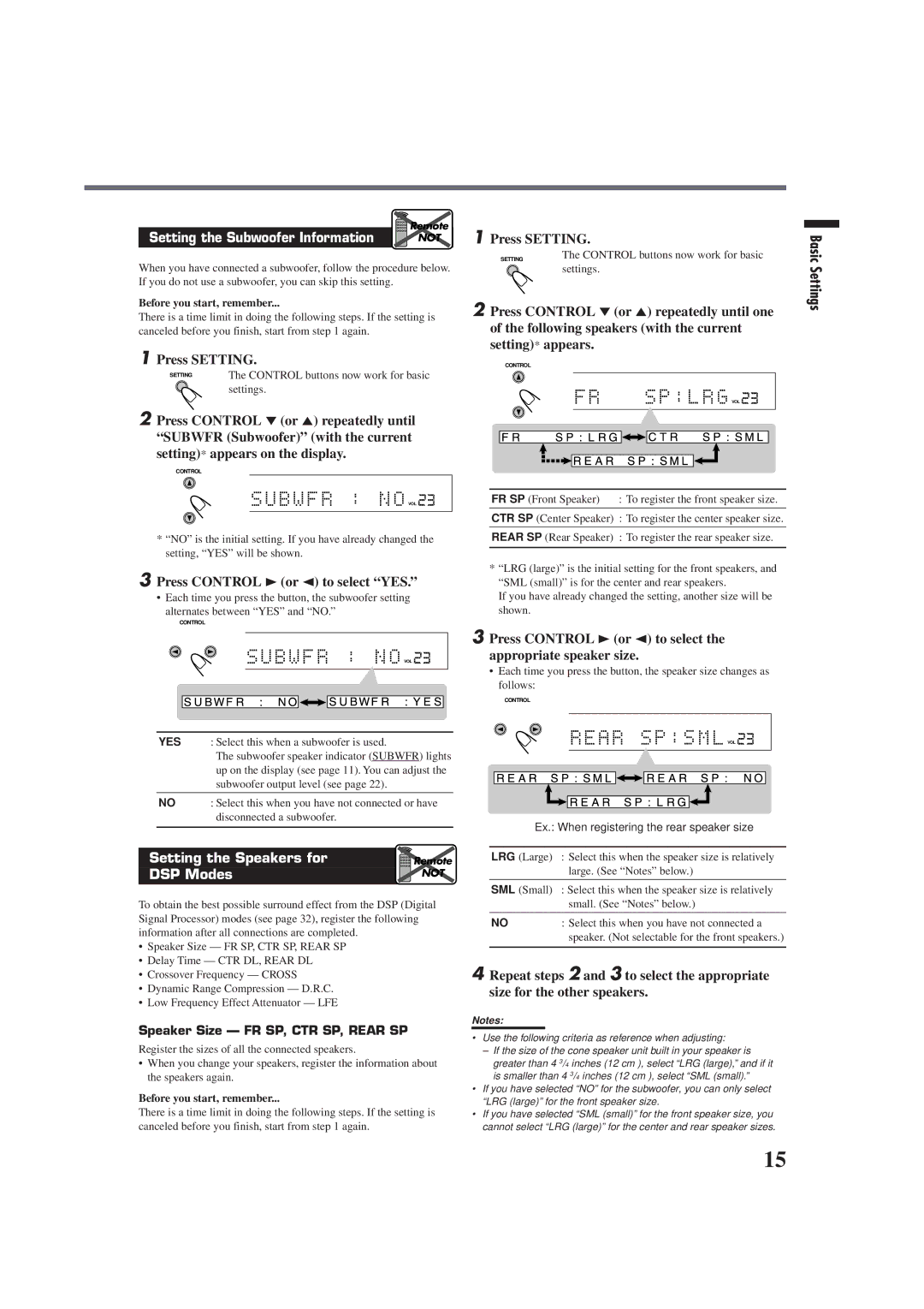 JVC RX-E100RSL manual Basic Settings, Press Control 3or 2 to select YES, Speaker Size FR SP, CTR SP, Rear SP 