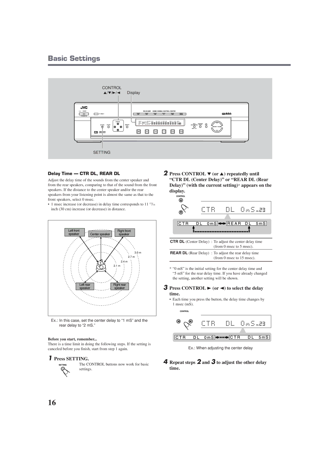 JVC RX-E100RSL manual Display, Press Control 3 or 2 to select the delay time, Delay Time CTR DL, Rear DL 