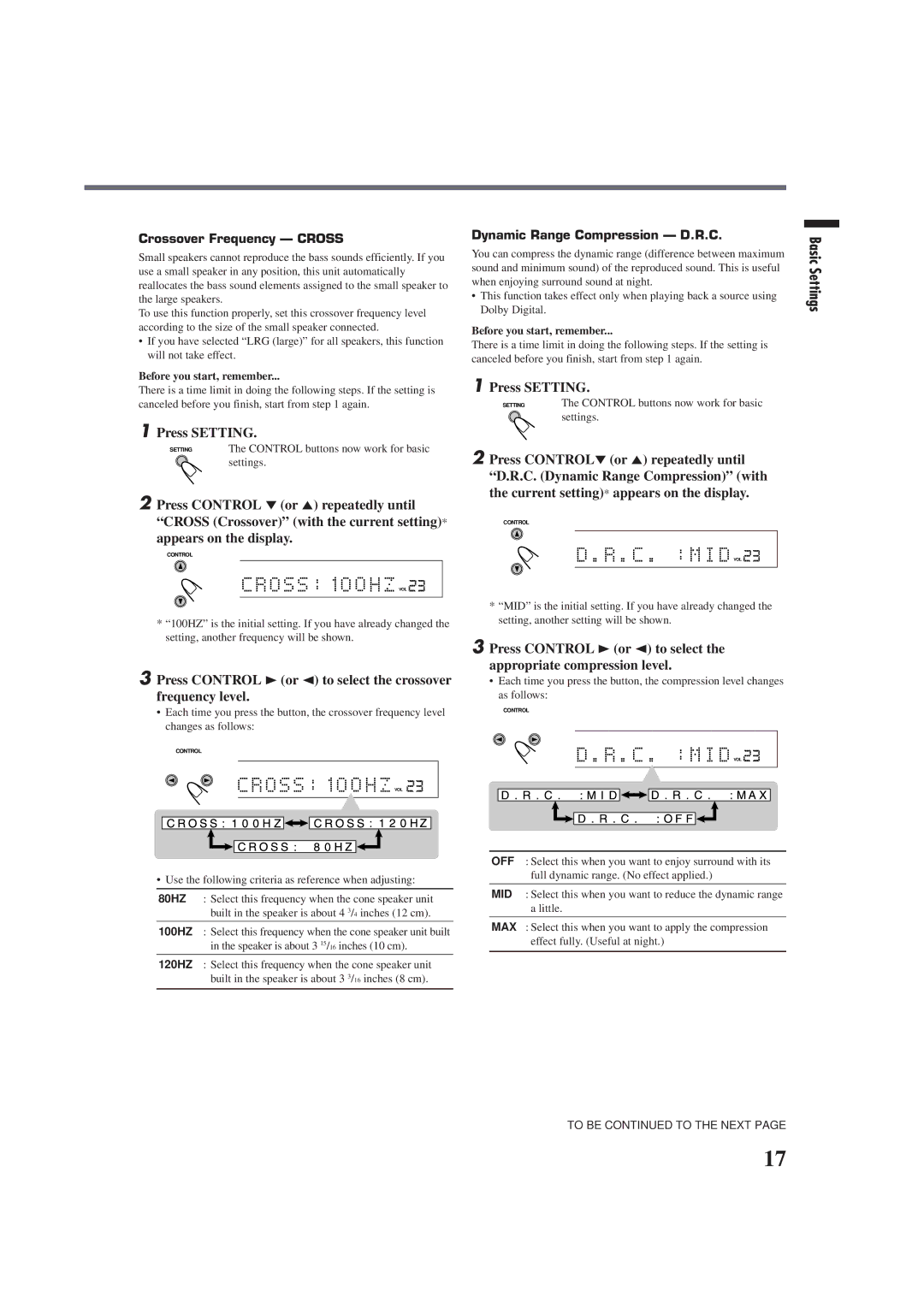 JVC RX-E100RSL manual Appears on the display, Press Control 3or 2 to select the crossover frequency level 