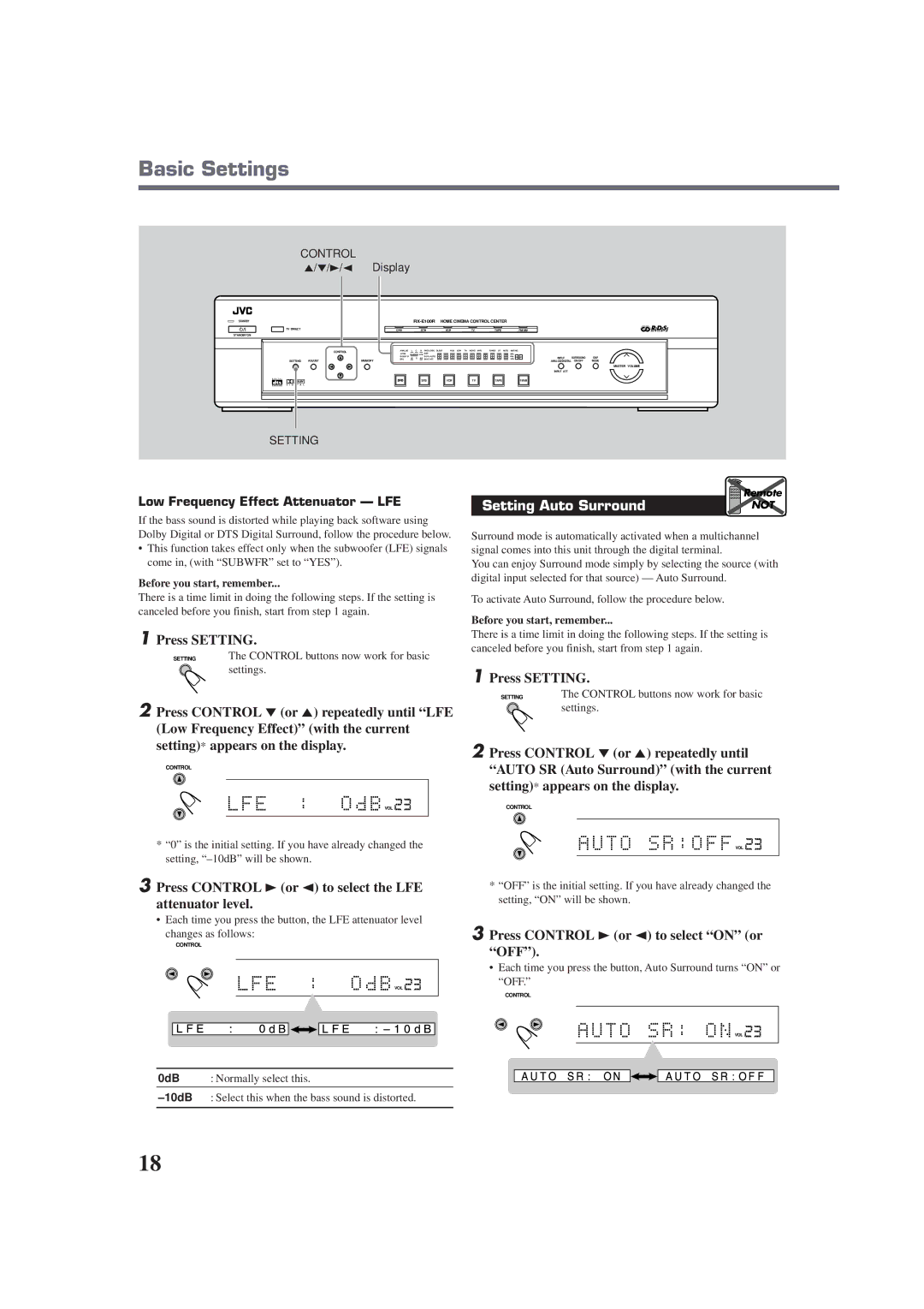 JVC RX-E100RSL manual Press Control 3or 2 to select the LFE attenuator level, Press Control 3 or 2 to select on or OFF 