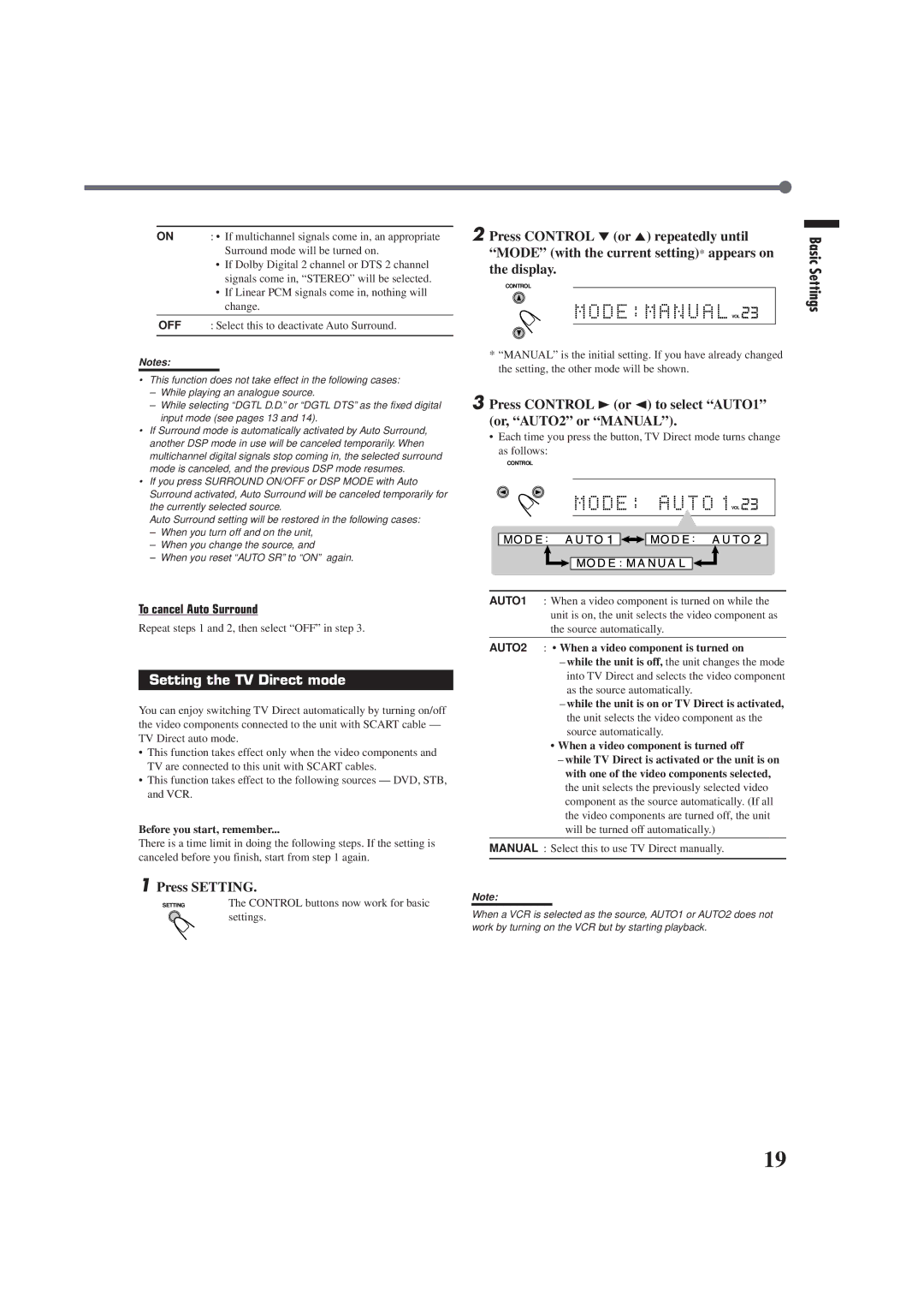 JVC RX-E100RSL manual Press Control 3or 2 to select AUTO1 or, AUTO2 or Manual, Setting the TV Direct mode 