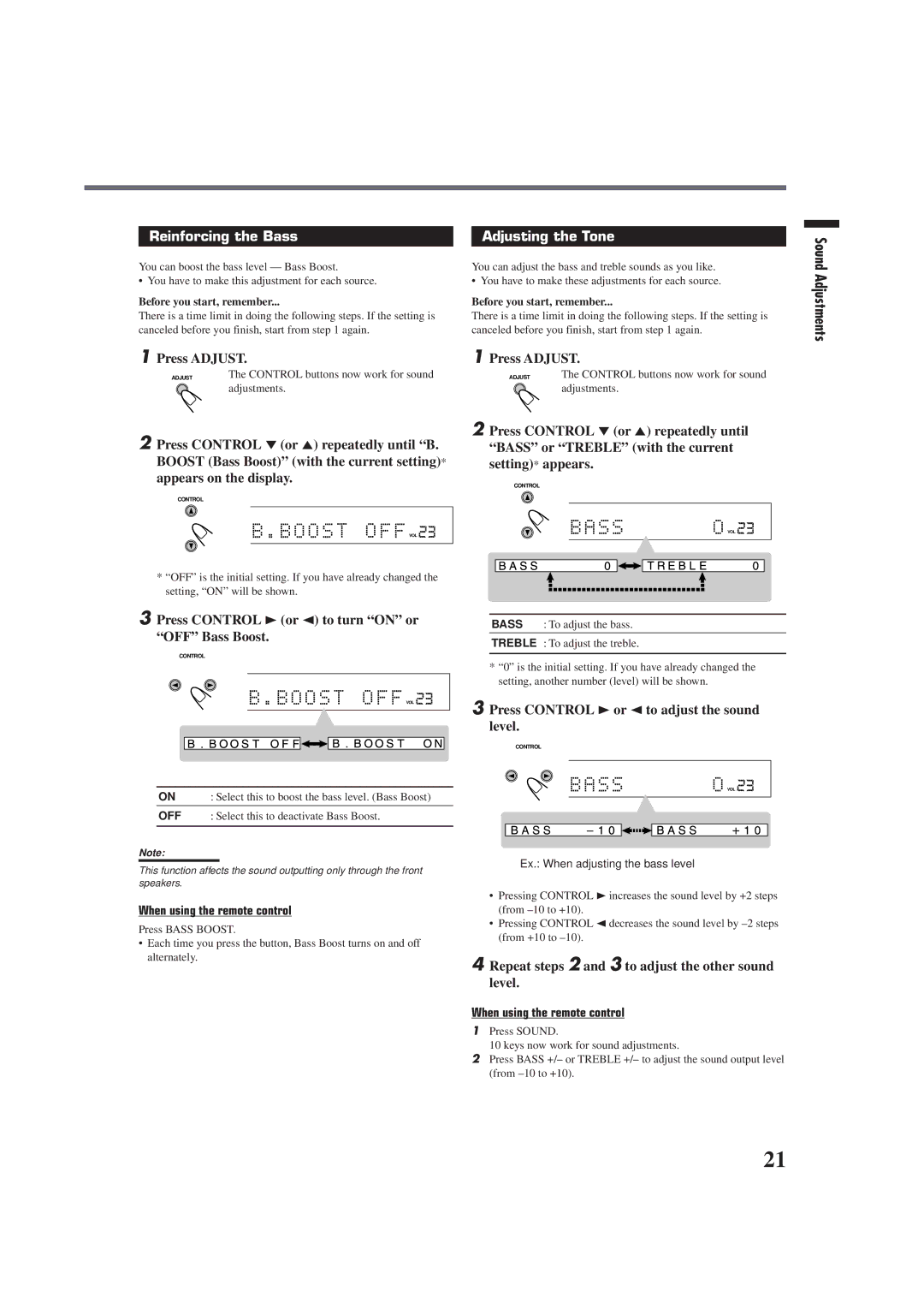 JVC RX-E100RSL manual Reinforcing the Bass, Adjusting the Tone 