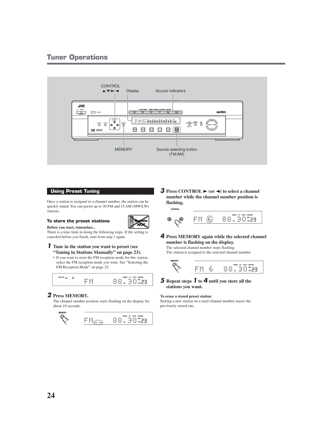 JVC RX-E100RSL manual Tuner Operations, Using Preset Tuning, Press Memory, Fm/Am 