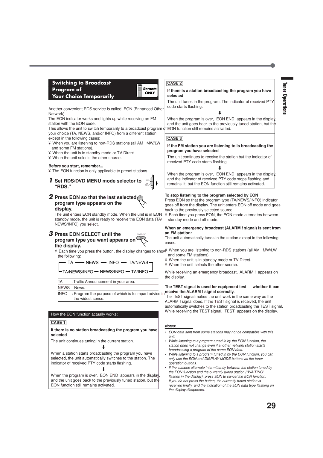 JVC RX-E100RSL manual Switching to Broadcast Program, Your Choice Temporarily 