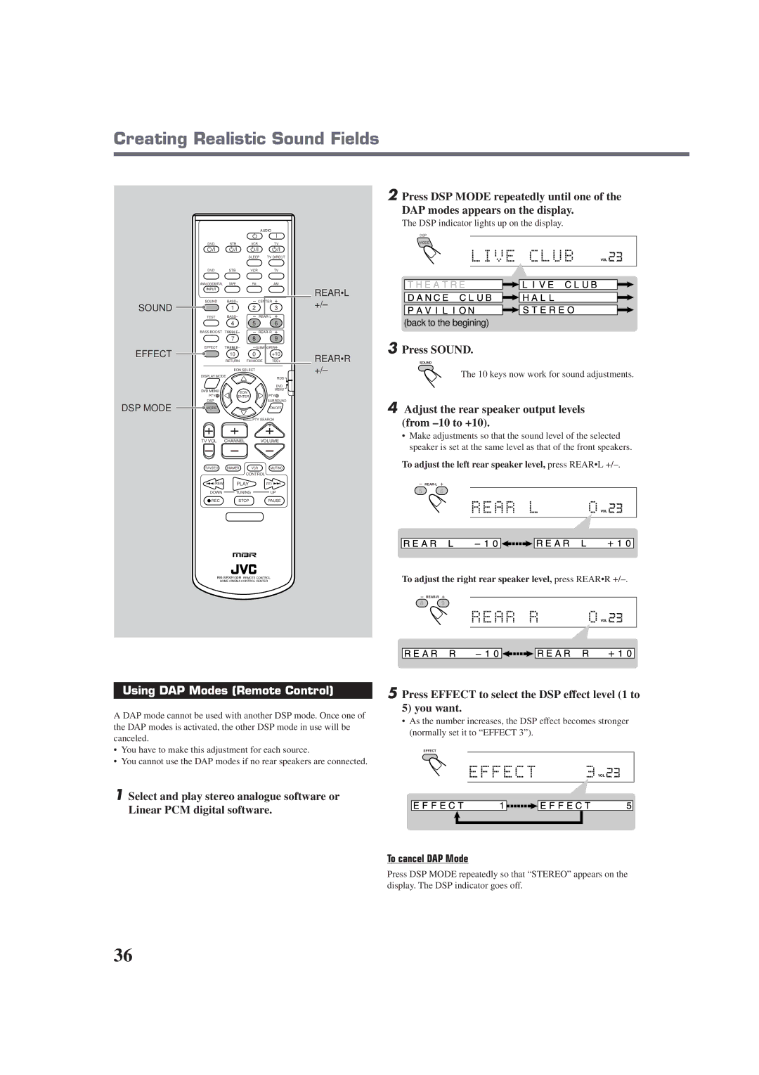 JVC RX-E100RSL Adjust the rear speaker output levels from -10 to +10, Using DAP Modes Remote Control, To cancel DAP Mode 