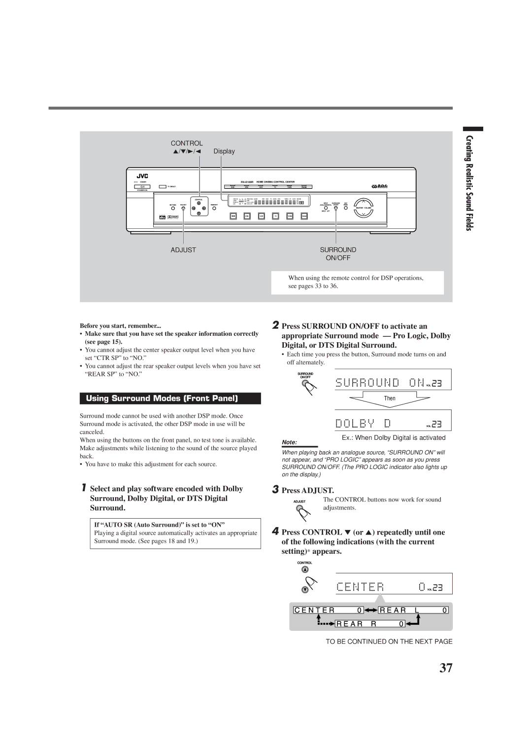 JVC RX-E100RSL Press Surround ON/OFF to activate an, Digital, or DTS Digital Surround, Using Surround Modes Front Panel 