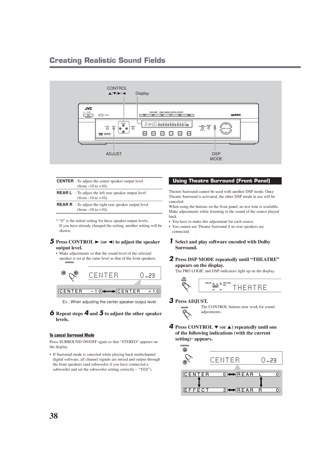 JVC RX-E100RSL Using Theatre Surround Front Panel, Press Control 3or 2 to adjust the speaker output level, Adjust DSP Mode 