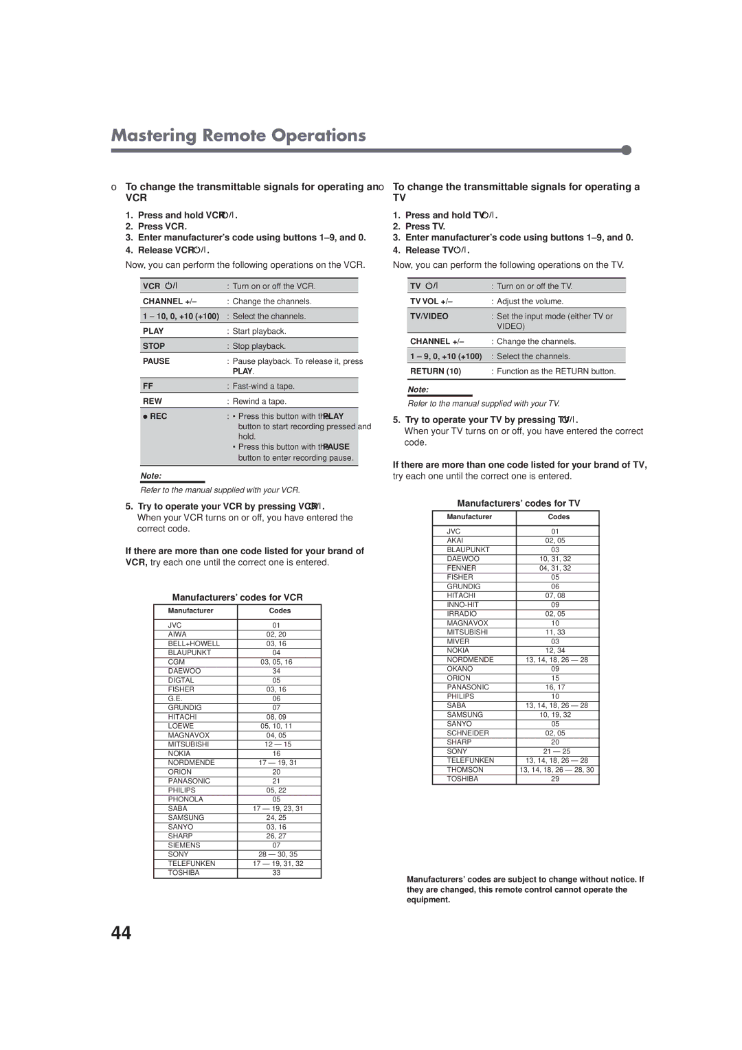 JVC RX-E100RSL manual Manufacturers’ codes for VCR, Try to operate your TV by pressing TV, Manufacturers’ codes for TV 